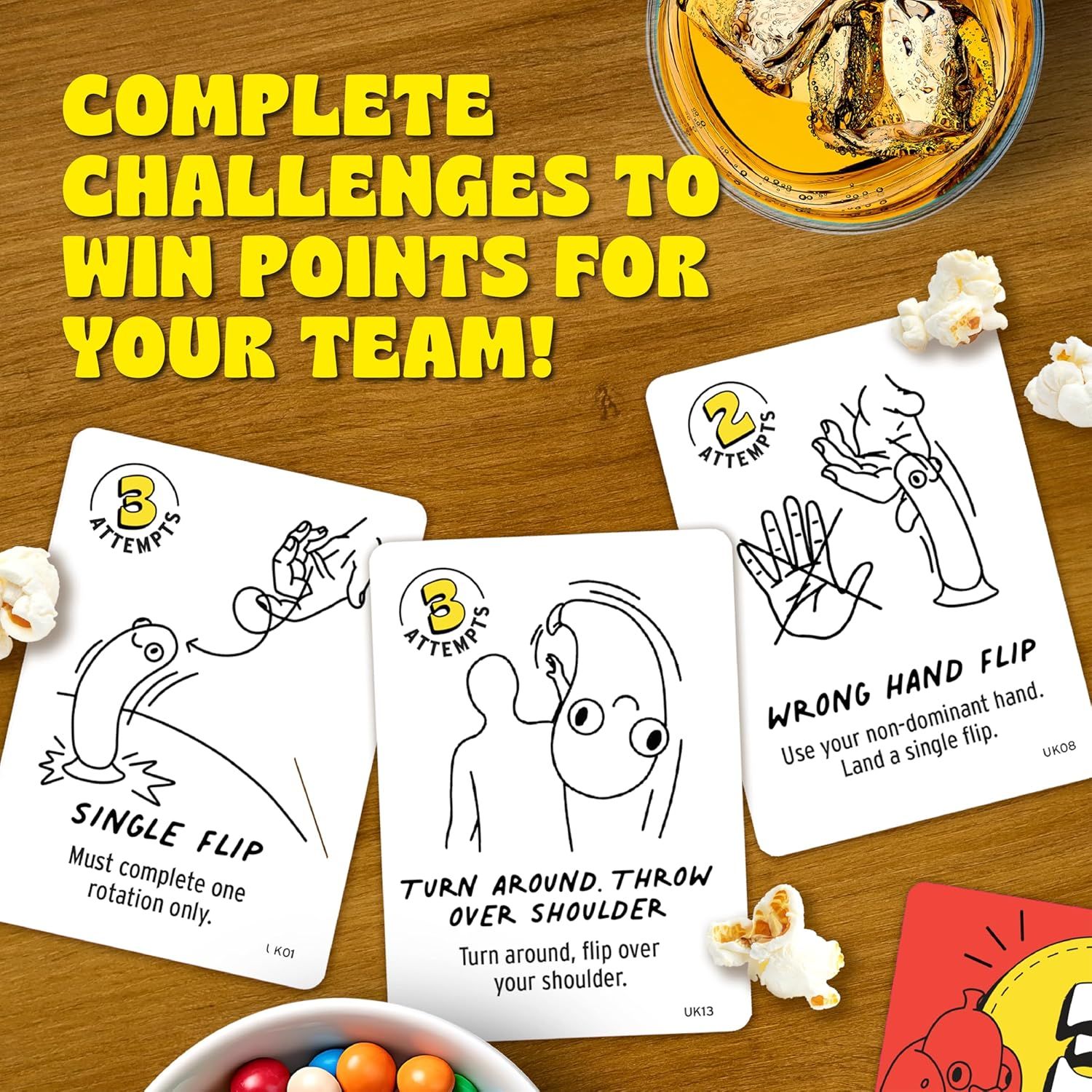Demonstrates how to play the game by showing multiple challenge cards with illustrated instructions for different physical tricks or stunts to win points. Shows the variety of different challenges…
