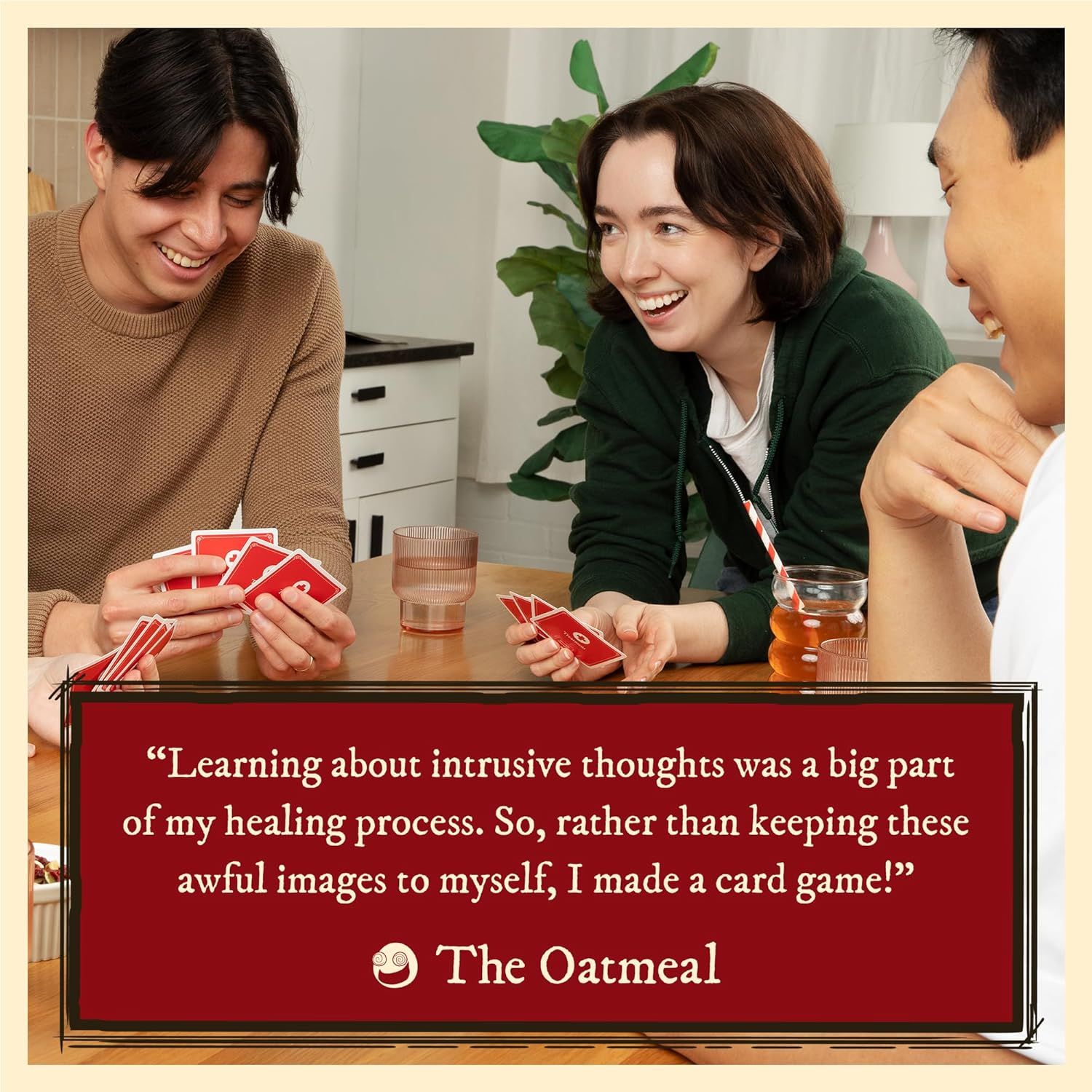 Uses a customer quote to build emotional trust and demonstrate how the product (a card game) helped someone cope with intrusive thoughts and mental health challenges.