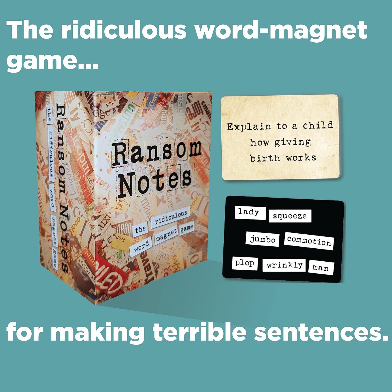Demonstrates multiple ways to use the word-magnet game by showing example prompts and word combinations, helping shoppers understand the product's versatility…