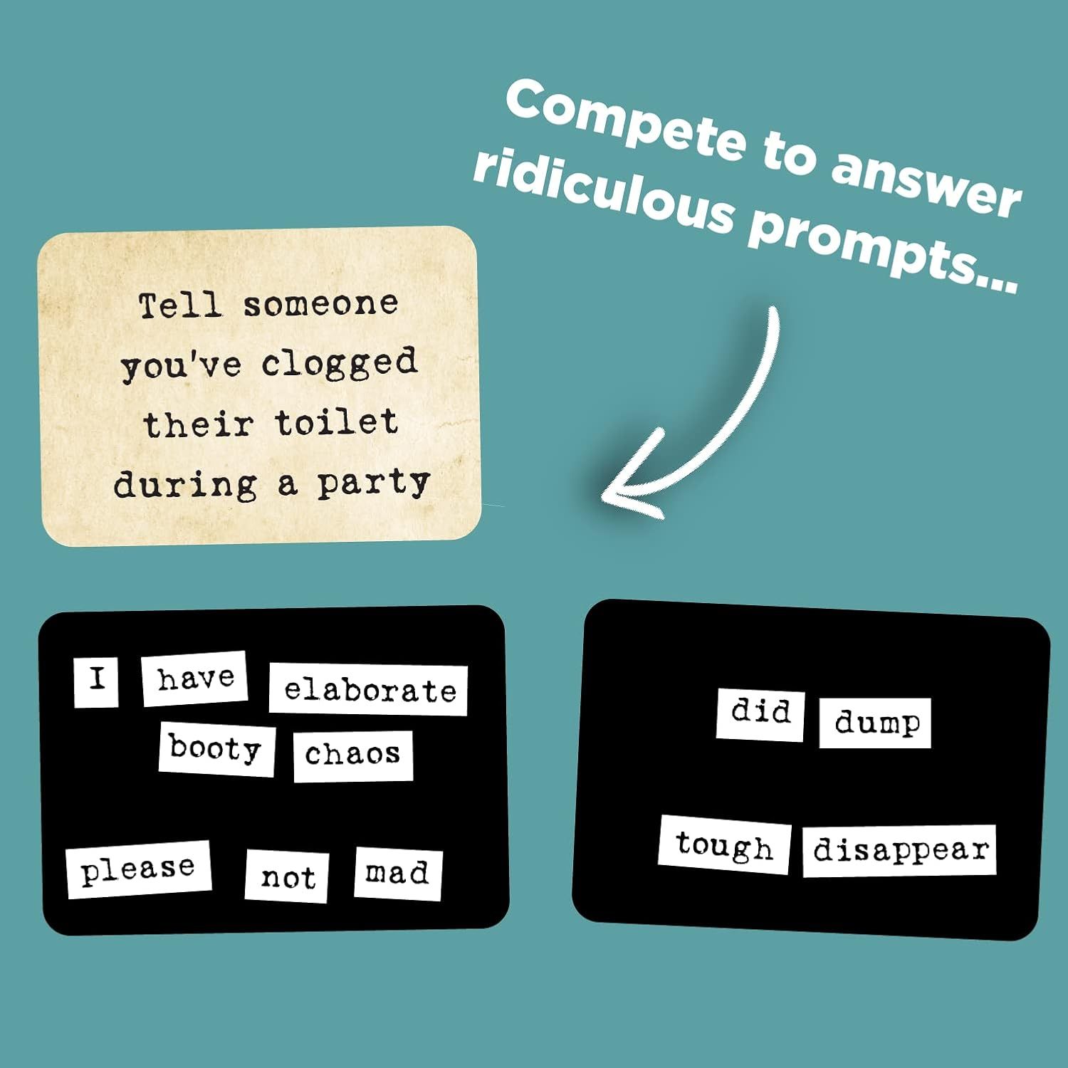 Demonstrates the product's interactive game functionality by showing a sample prompt and word options, communicating that it provides entertaining party game…