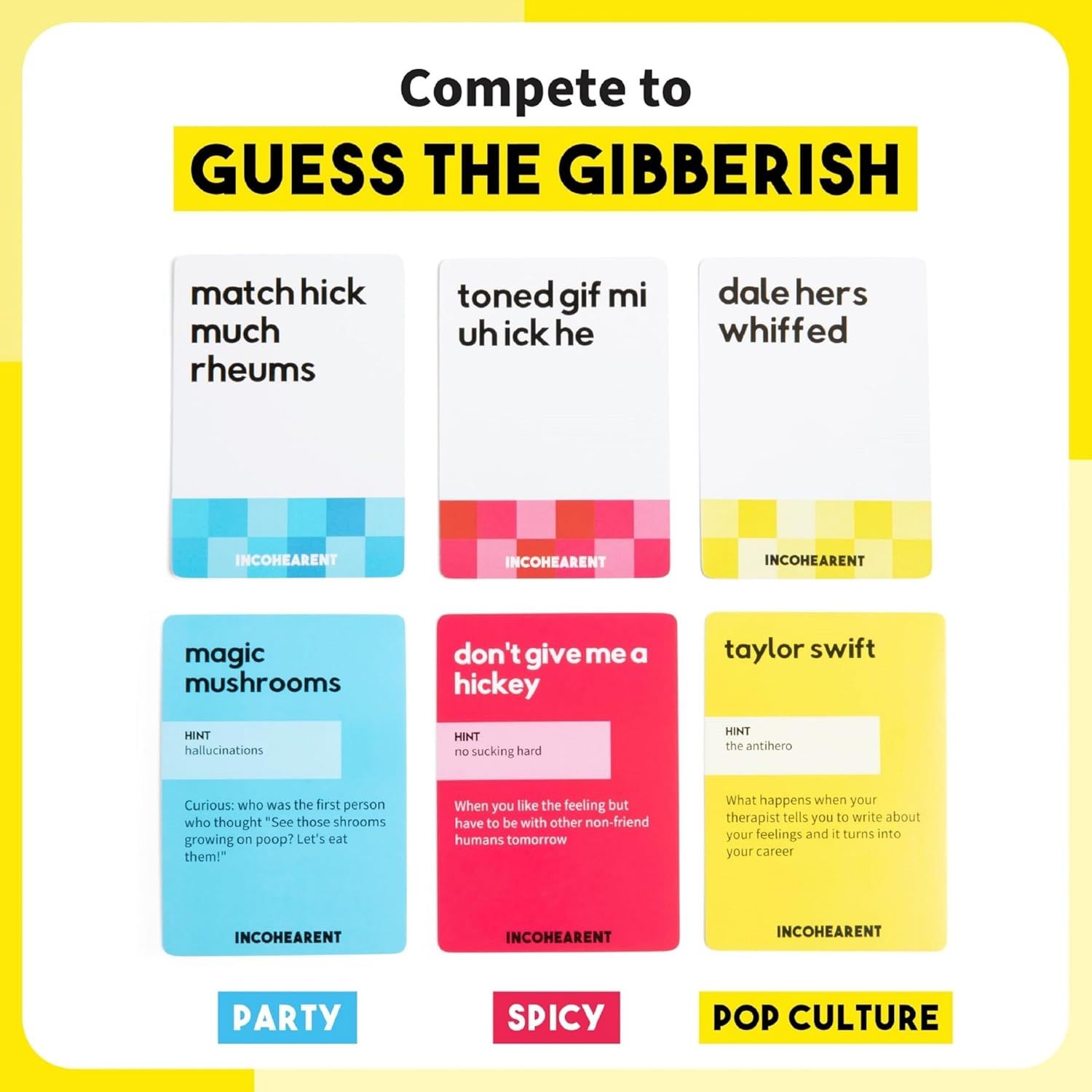 Demonstrates the variety of game card categories and play scenarios available, showing shoppers the product's versatility and replayability across different…