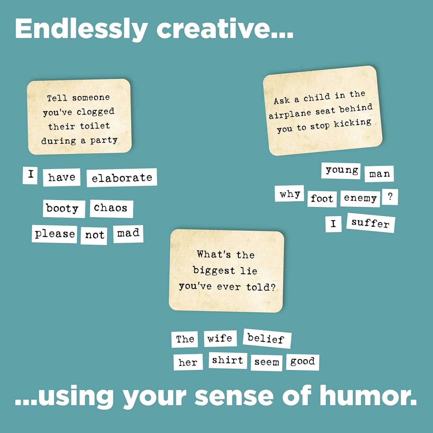Communicates that this game encourages creative and humorous play by showing example prompt cards and word combinations that create funny scenarios.
