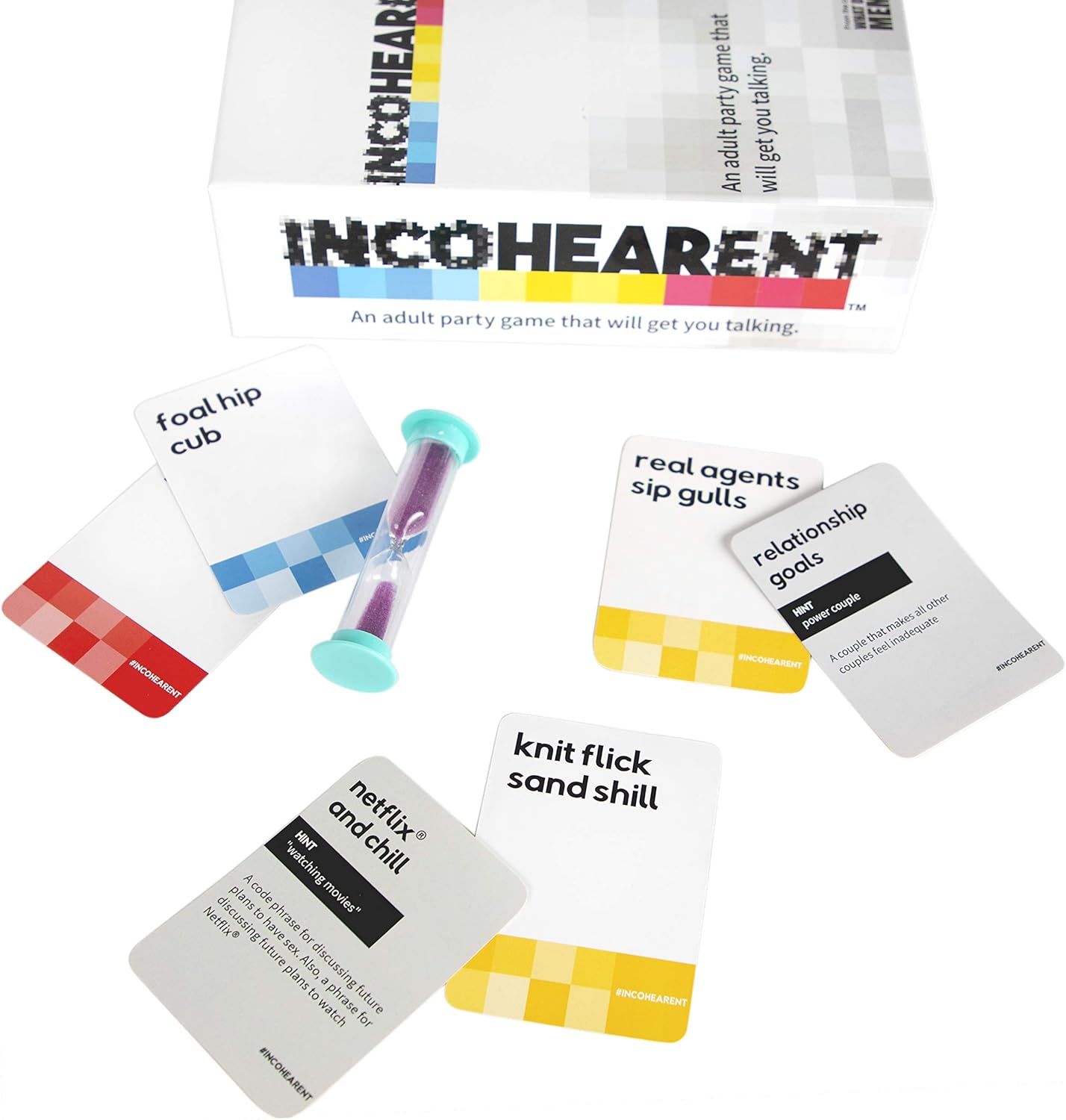 Shows all the components included in the party game package—cards with different prompts and a timer—to help shoppers understand what they receive when they…