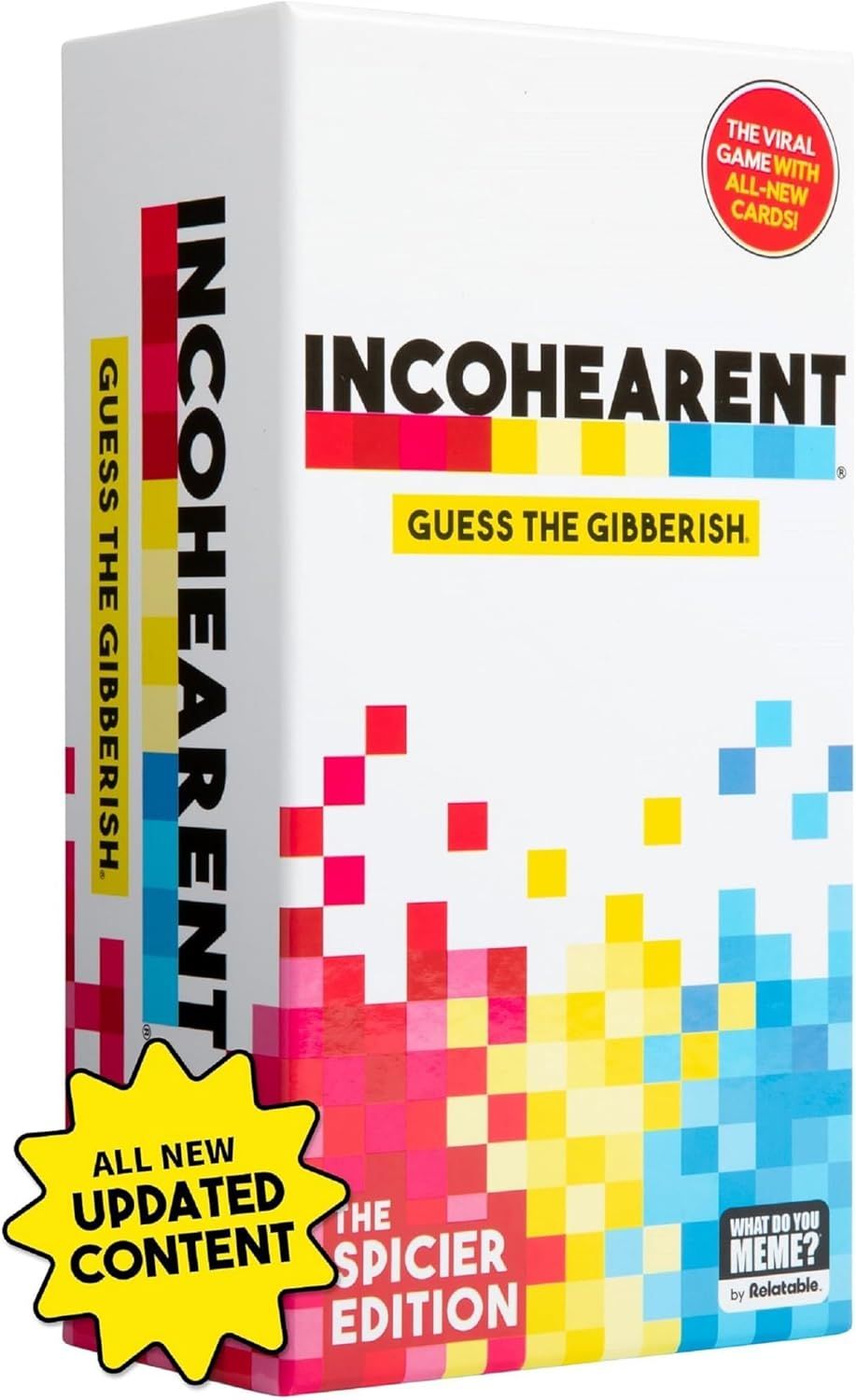 Showcases the product packaging and branding for the Incohearent game, highlighting that this is an updated edition with new content to attract both new and…