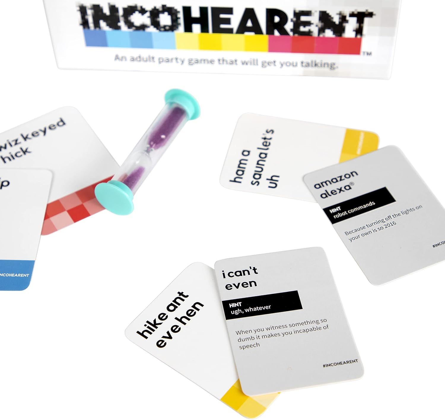 Shows shoppers what's included in the party game package, including the timer, various game cards with phrases and hints, to help them understand the complete…
