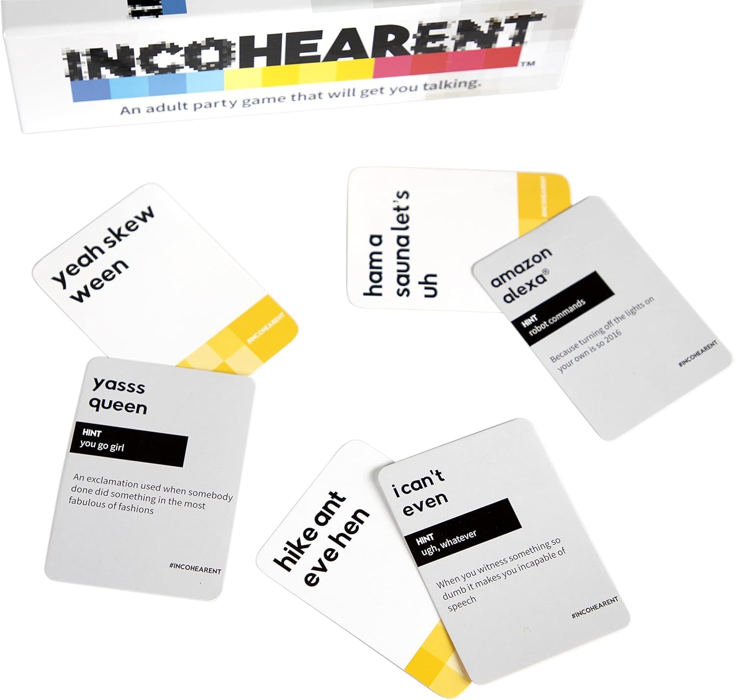 Shows shoppers what's included in the party game box—multiple cards with phrases, hints, and definitions—to help them understand the game's content and format.