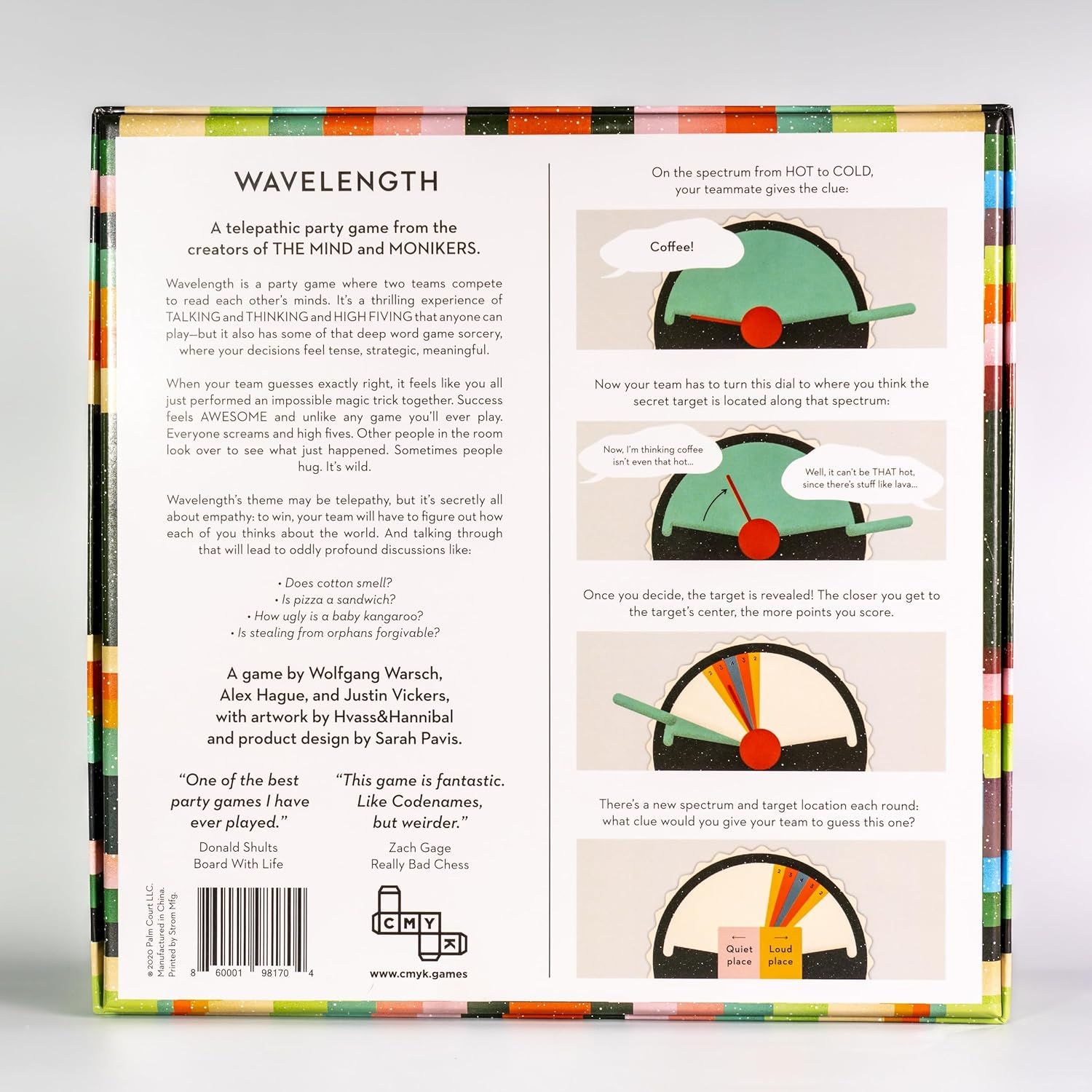Explains how to play the Wavelength party game through step-by-step visual instructions showing the dial mechanism and guessing process.