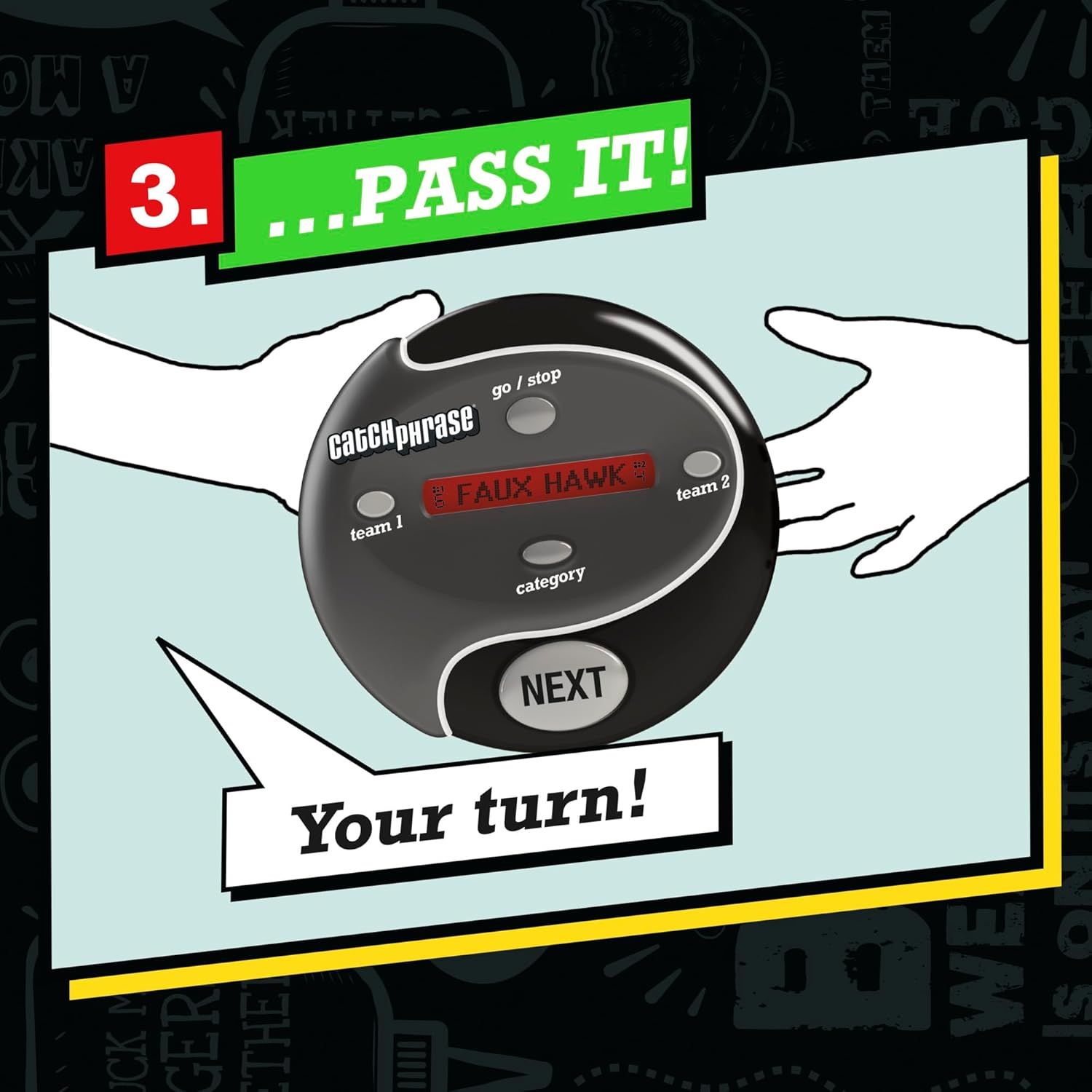 This image instructs players on step 3 of the game setup or gameplay: passing the device to the next player after completing their turn.