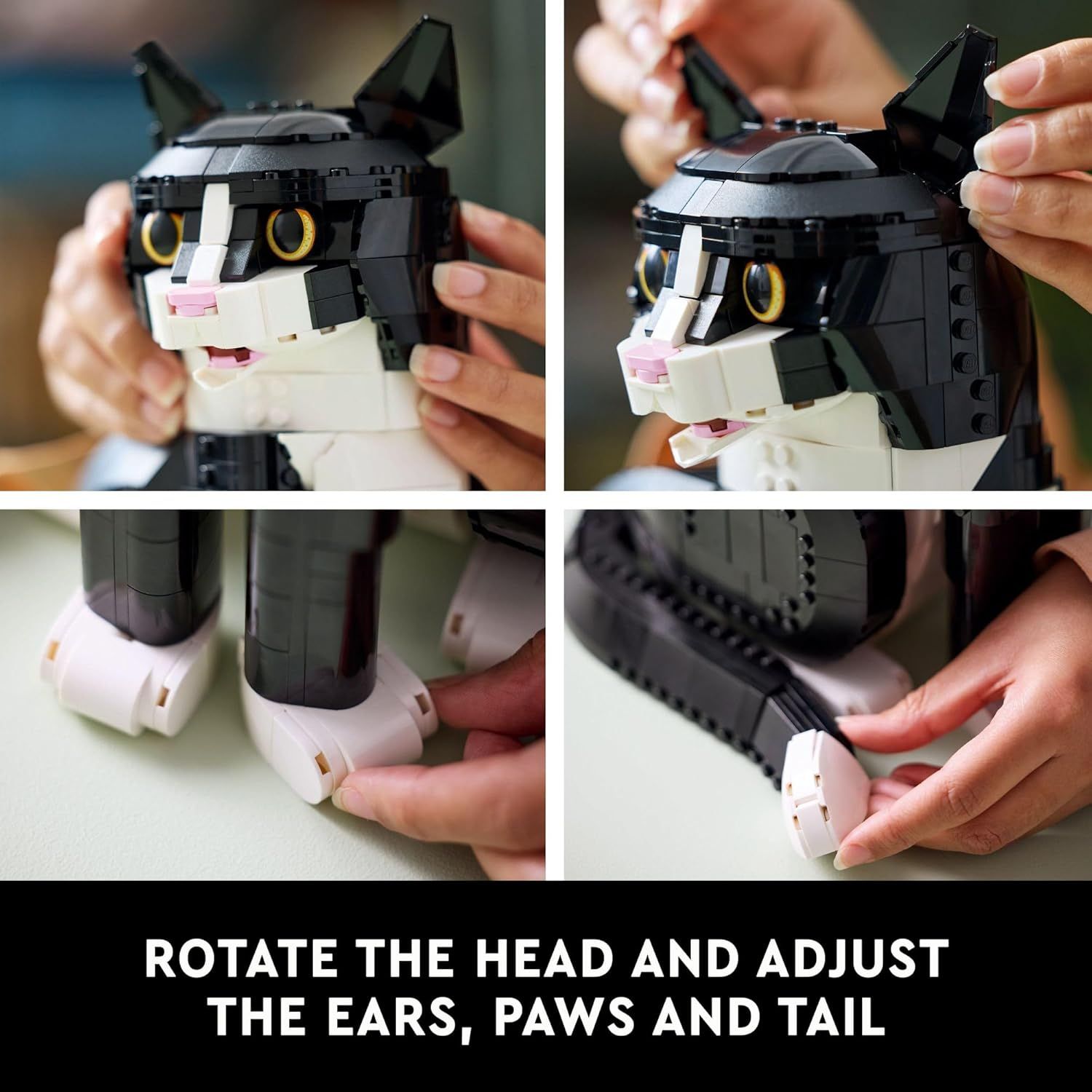 Demonstrates the interactive play features of the buildable cat figure, showing shoppers that the head, ears, paws, and tail can be rotated and adjusted for…