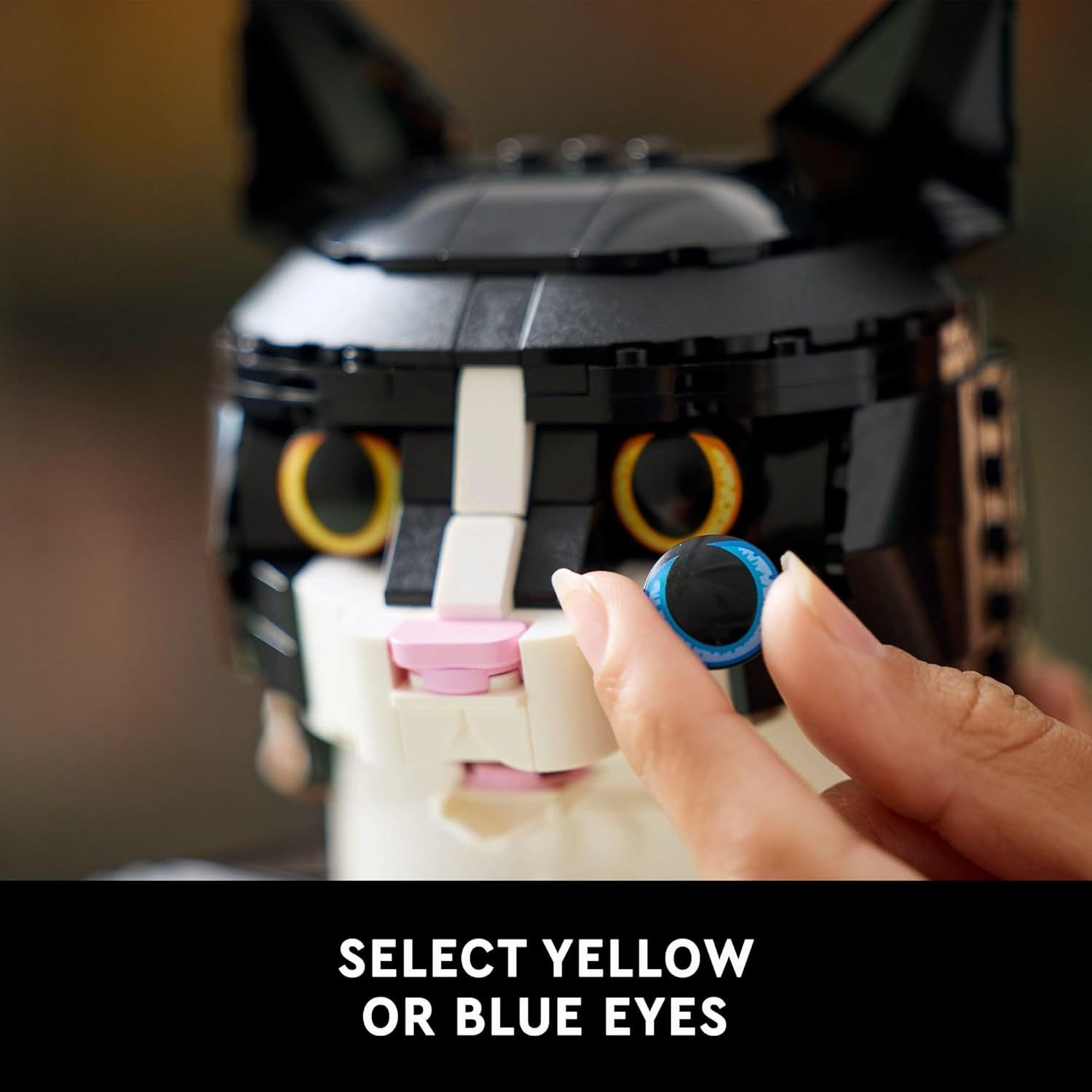 Communicates that the product offers customization options, allowing shoppers to choose between yellow or blue eye colors for the LEGO-style figure.…