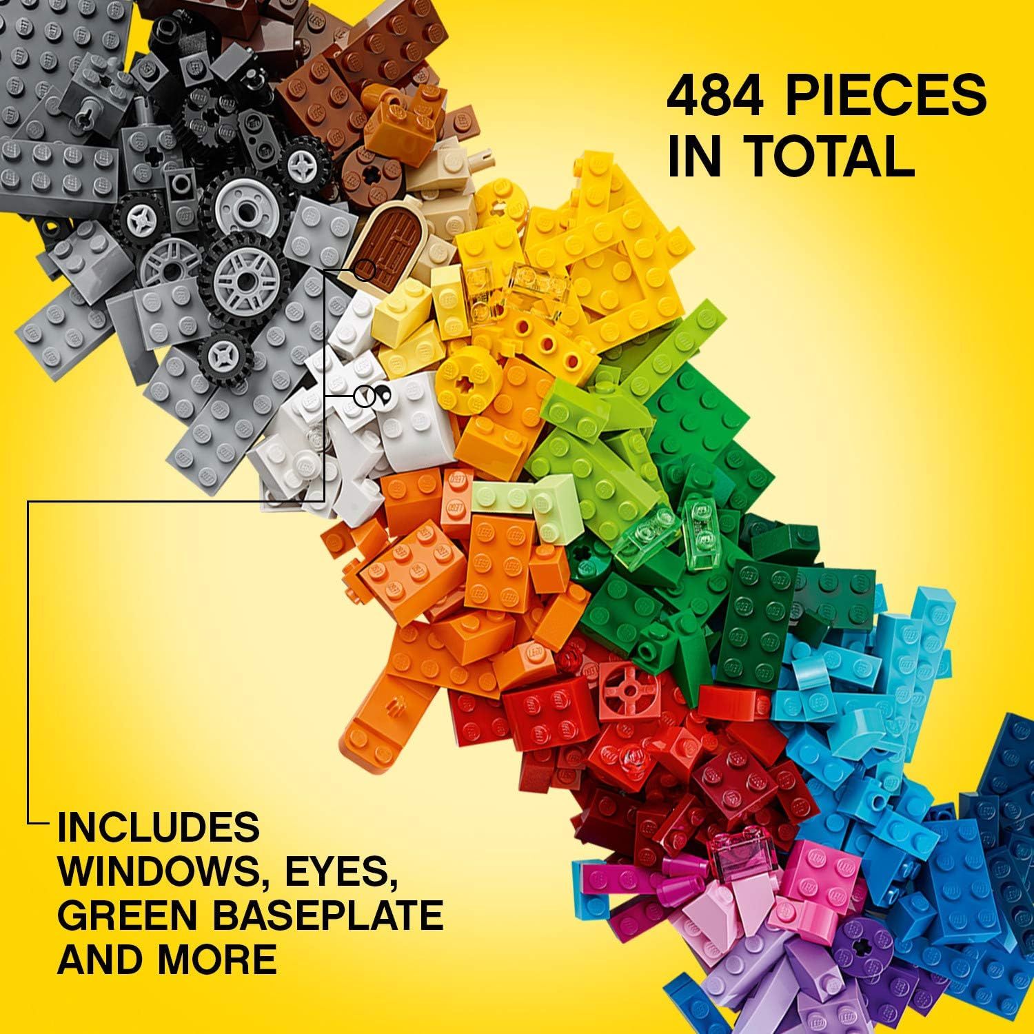 Communicates the total quantity of LEGO pieces included in the set and highlights specific bonus items like windows, eyes, and a green baseplate to show the value and variety of the kit. Emphasizes…