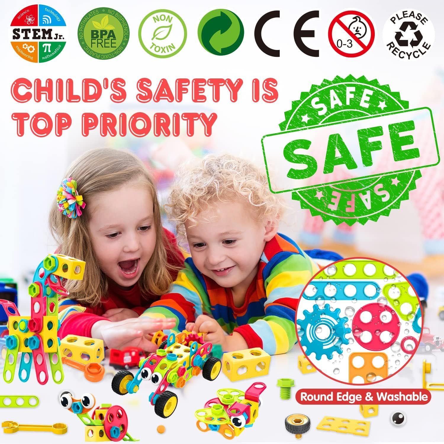Communicates that the product meets multiple safety and environmental standards, reassuring parents that the toy is safe for children and responsibly made. Highlights multiple distinct benefits…