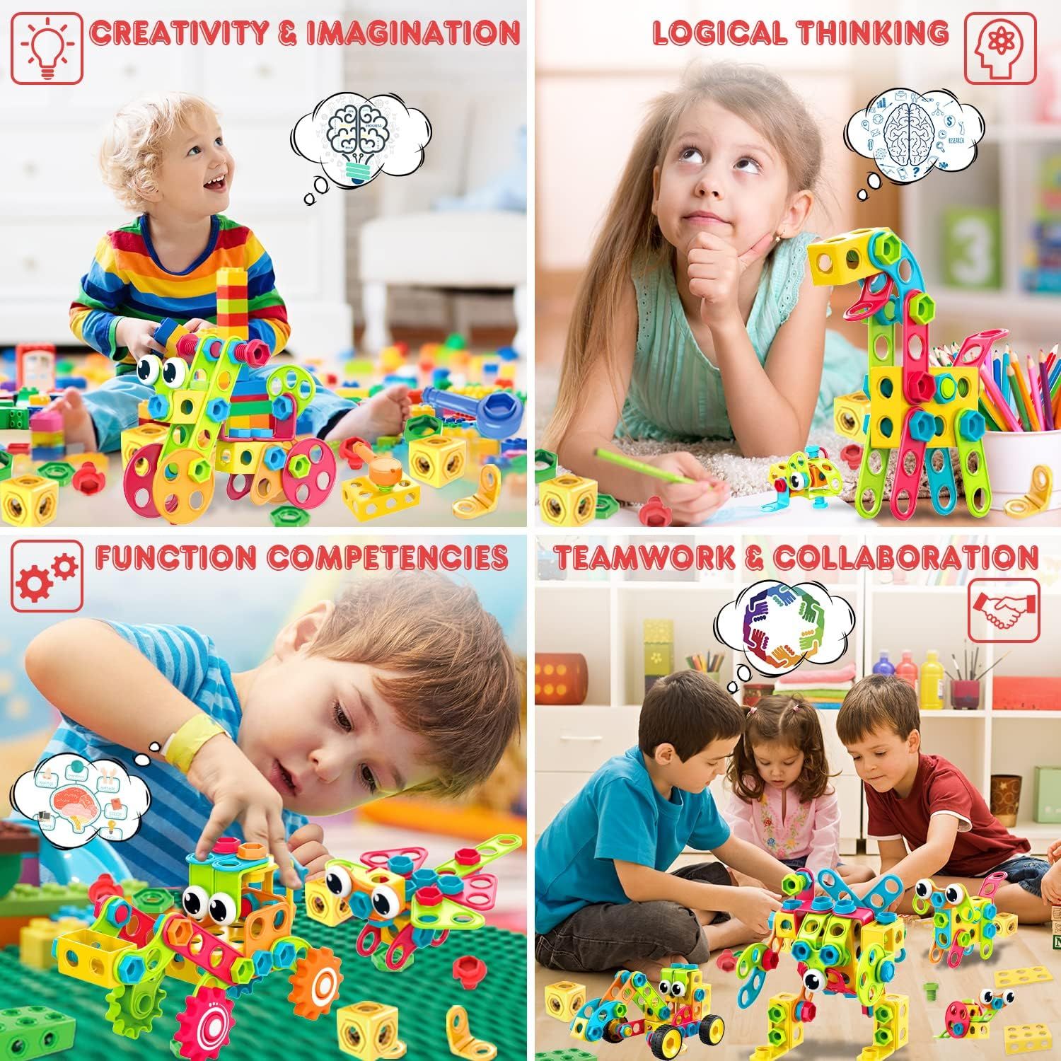 Communicates the educational and developmental benefits of the toy product by showcasing four distinct learning outcomes: fostering creativity, building…