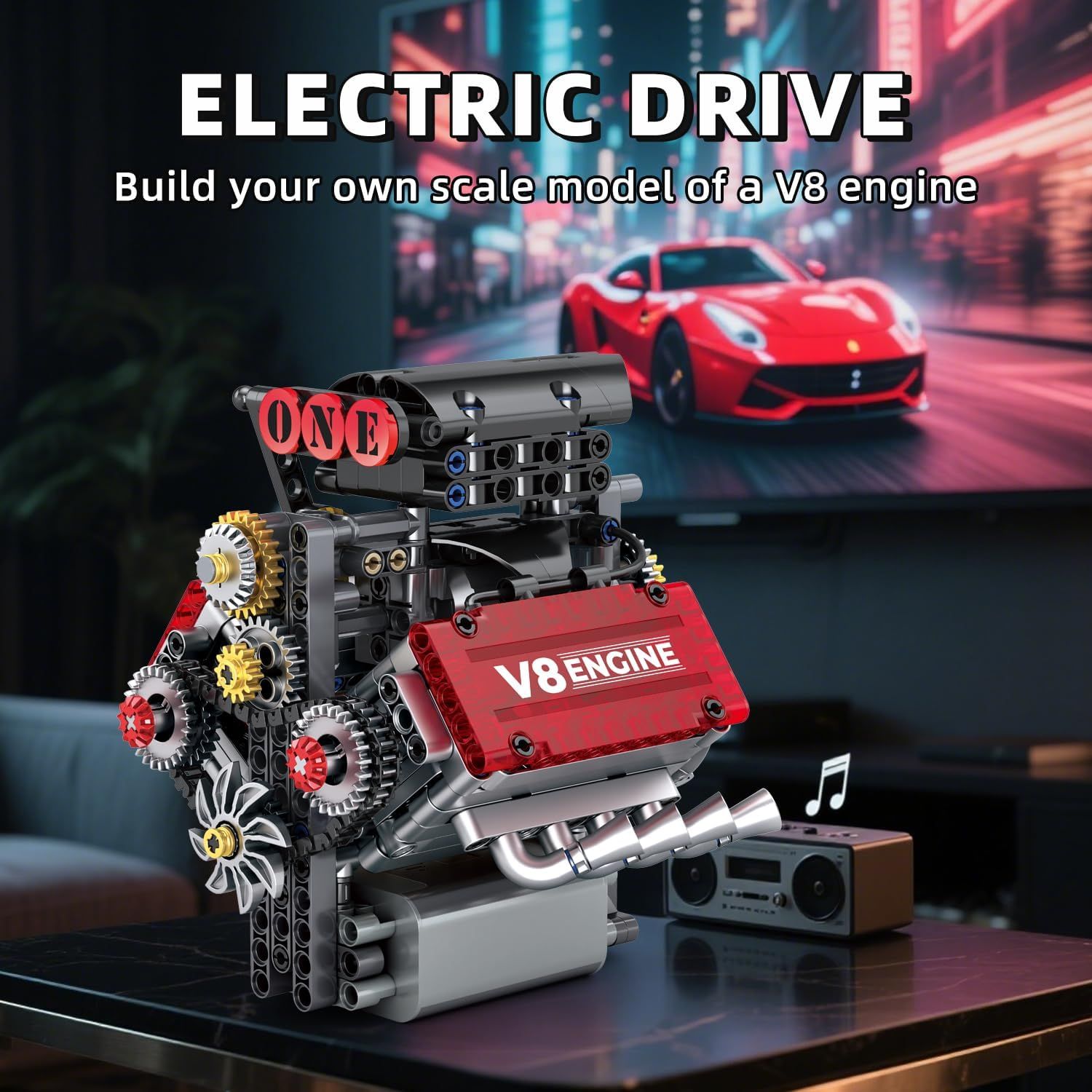 Highlights the product's key benefit as a buildable scale model V8 engine kit, appealing to hobbyists and enthusiasts who want a hands-on construction…