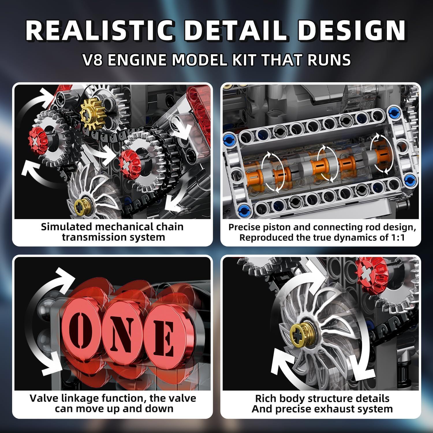 Showcases the realistic engineering details and functional mechanical components of the V8 engine model kit across multiple distinct features to demonstrate…