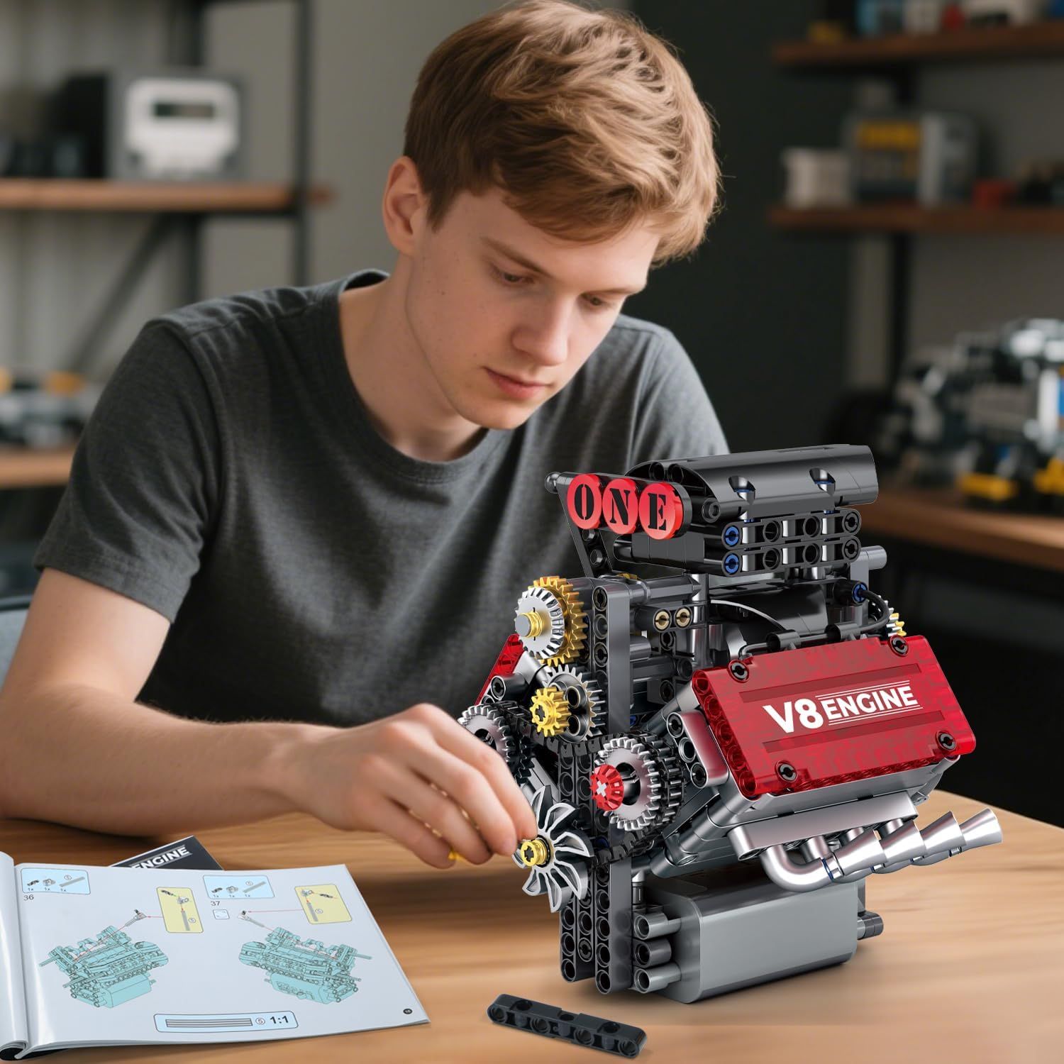 Demonstrates the product in a real-world context showing a young person engaged in building the V8 engine model, conveying the hands-on, educational, and…