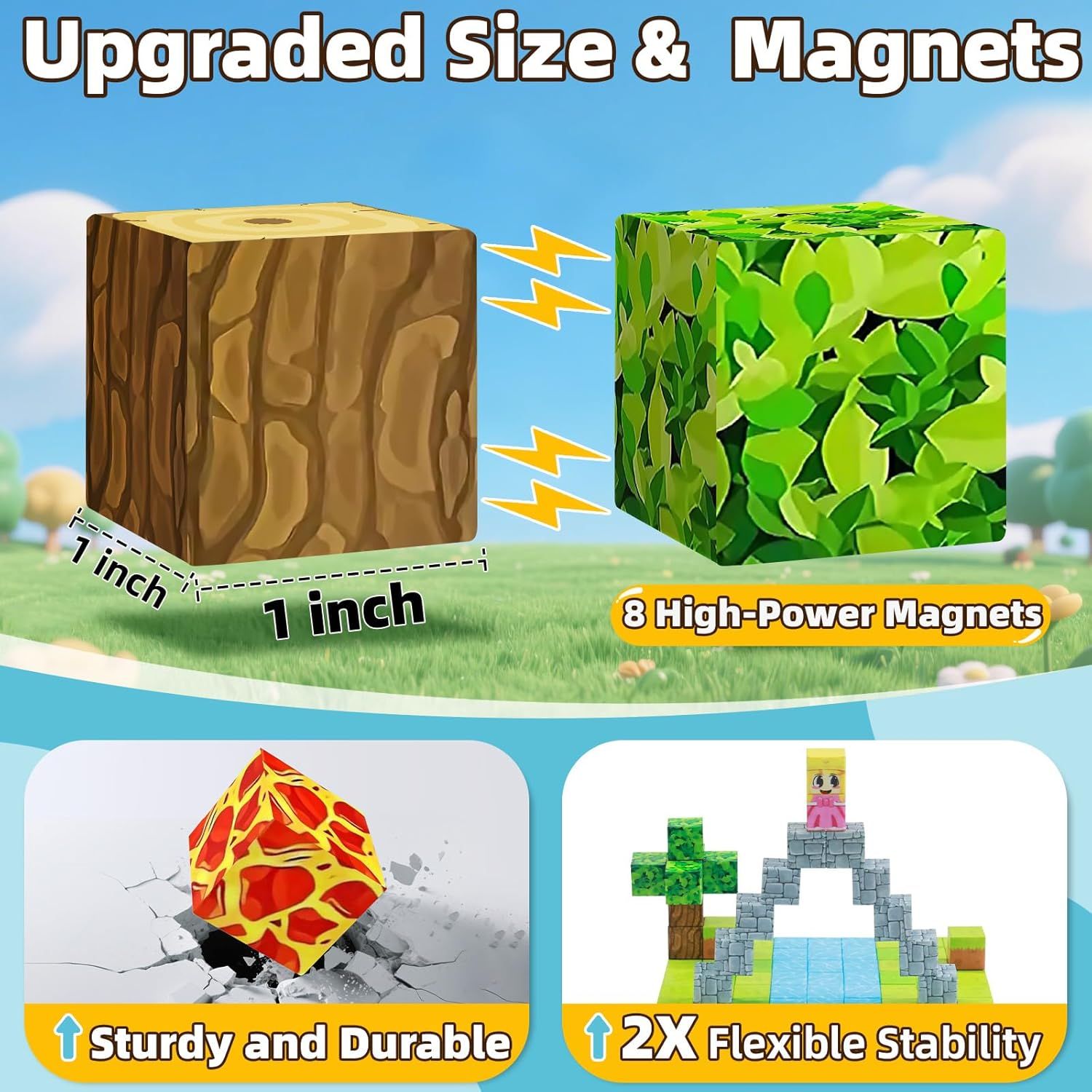 Communicates multiple product improvements including larger 1-inch size, 8 high-power magnets, sturdy construction, and 2X flexible stability to reassure…