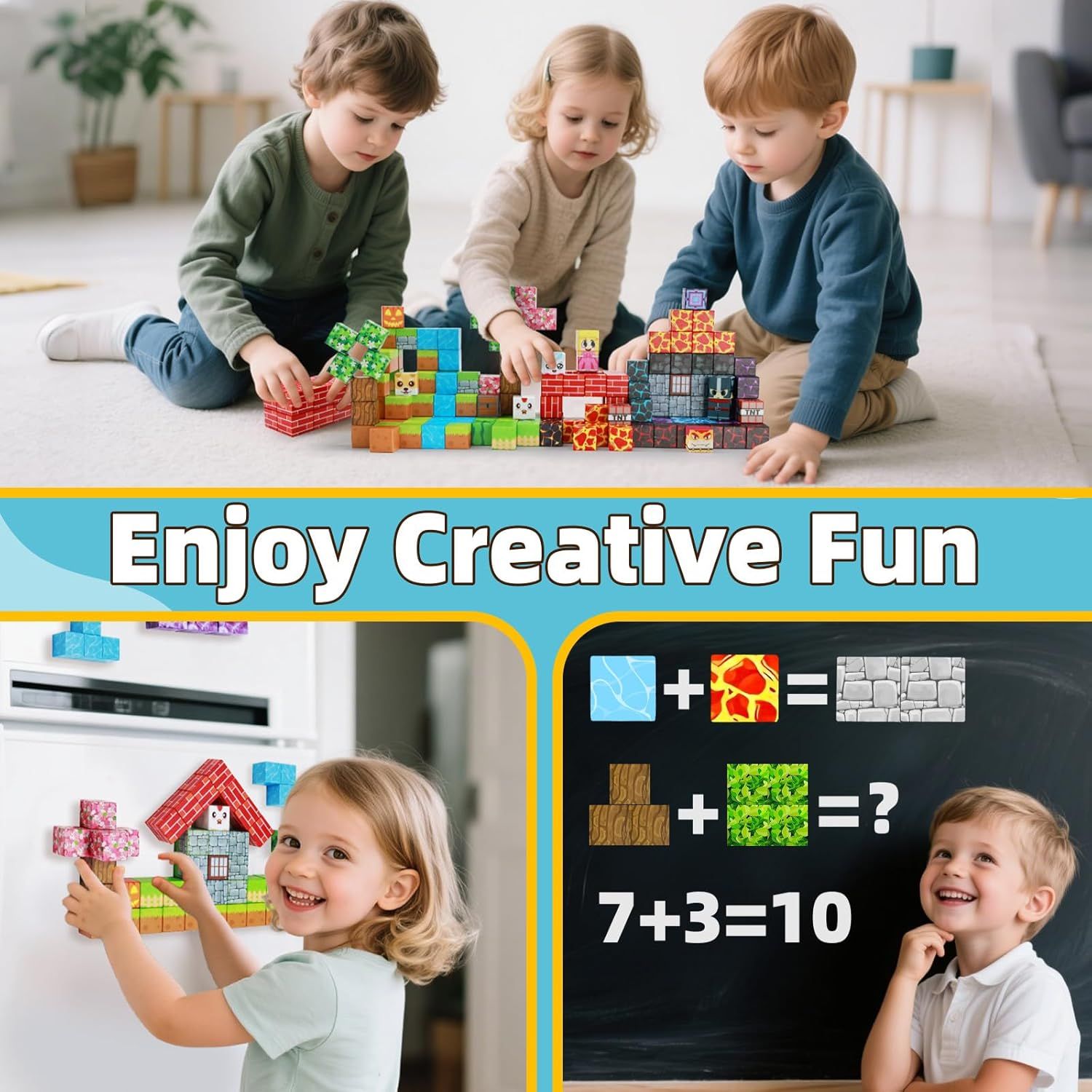 Demonstrates multiple use cases for the building blocks—creative construction play and educational learning (math, pattern recognition)—to show parents the product's versatility and developmental…