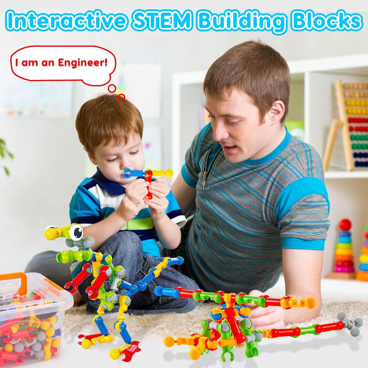 Shows the product being used in a real-world home setting with a parent and child engaged in creative STEM play, demonstrating the interactive and educational…
