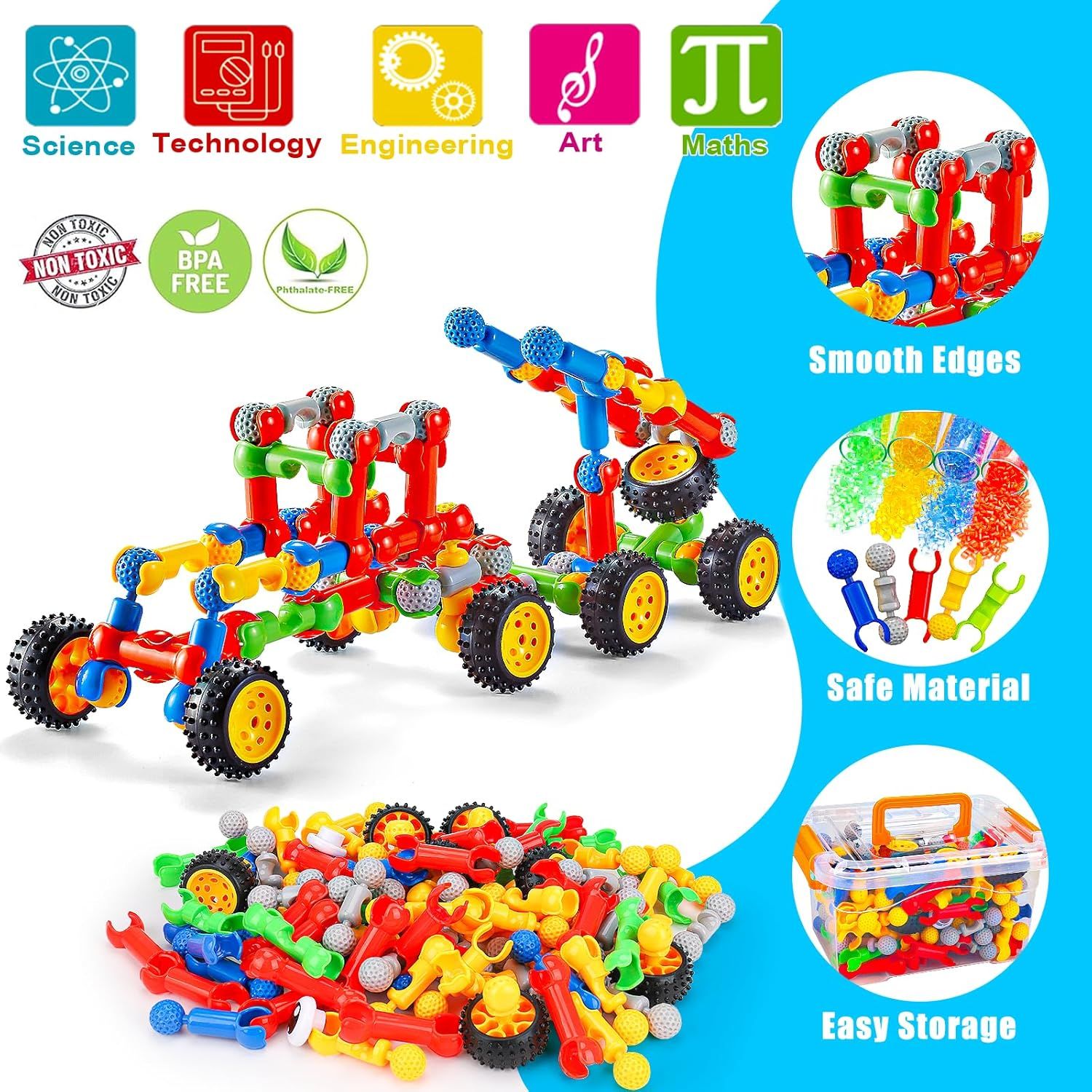 Communicates multiple key benefits of this building toy set including educational value (STEAM), safety features (smooth edges, non-toxic materials), and…