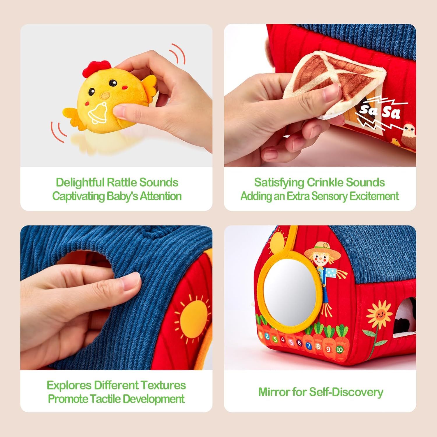 Showcases four distinct sensory and developmental benefits of the baby toy in a segmented grid layout, demonstrating how the product supports multiple aspects of infant development.
