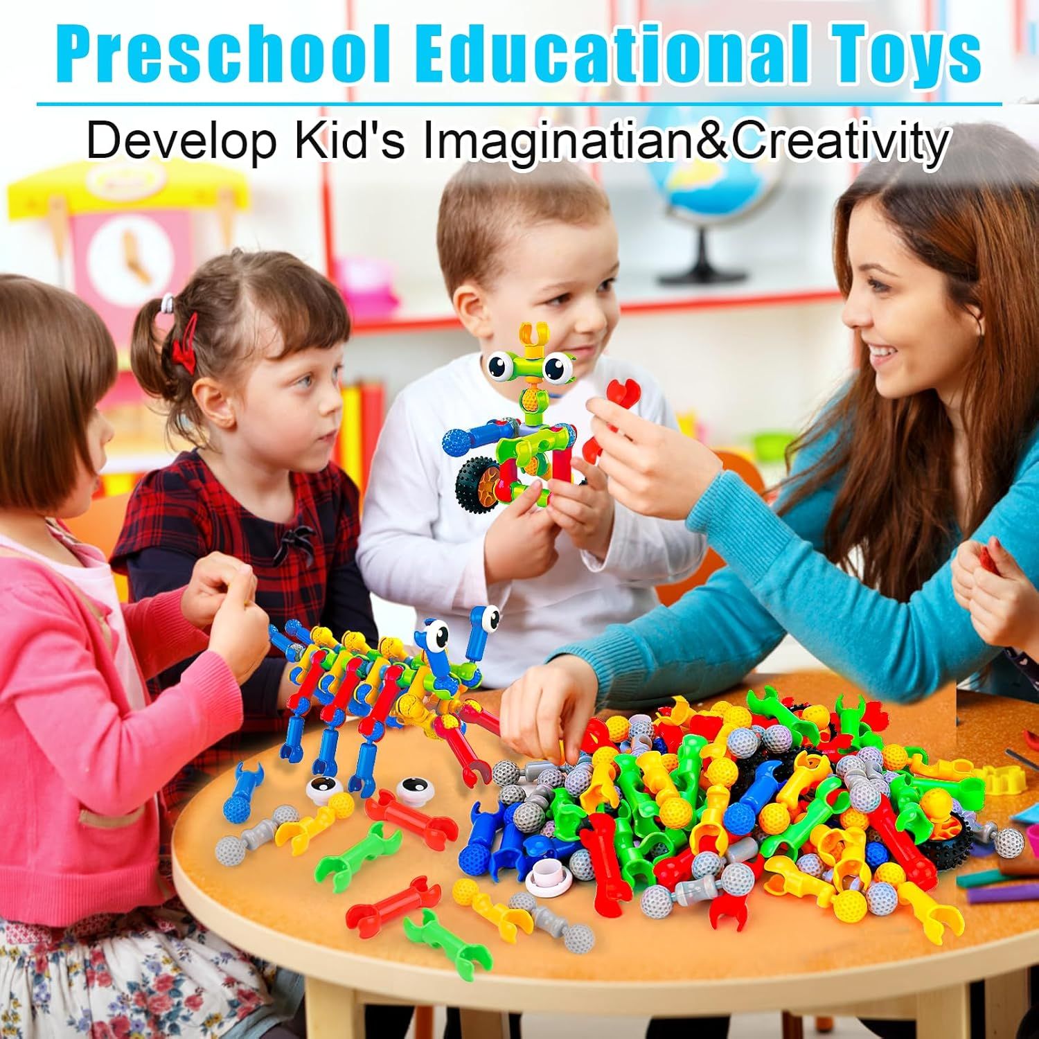 Demonstrates the product in a real-world preschool or home setting, showing children and an adult engaged in creative play to help shoppers visualize how the…
