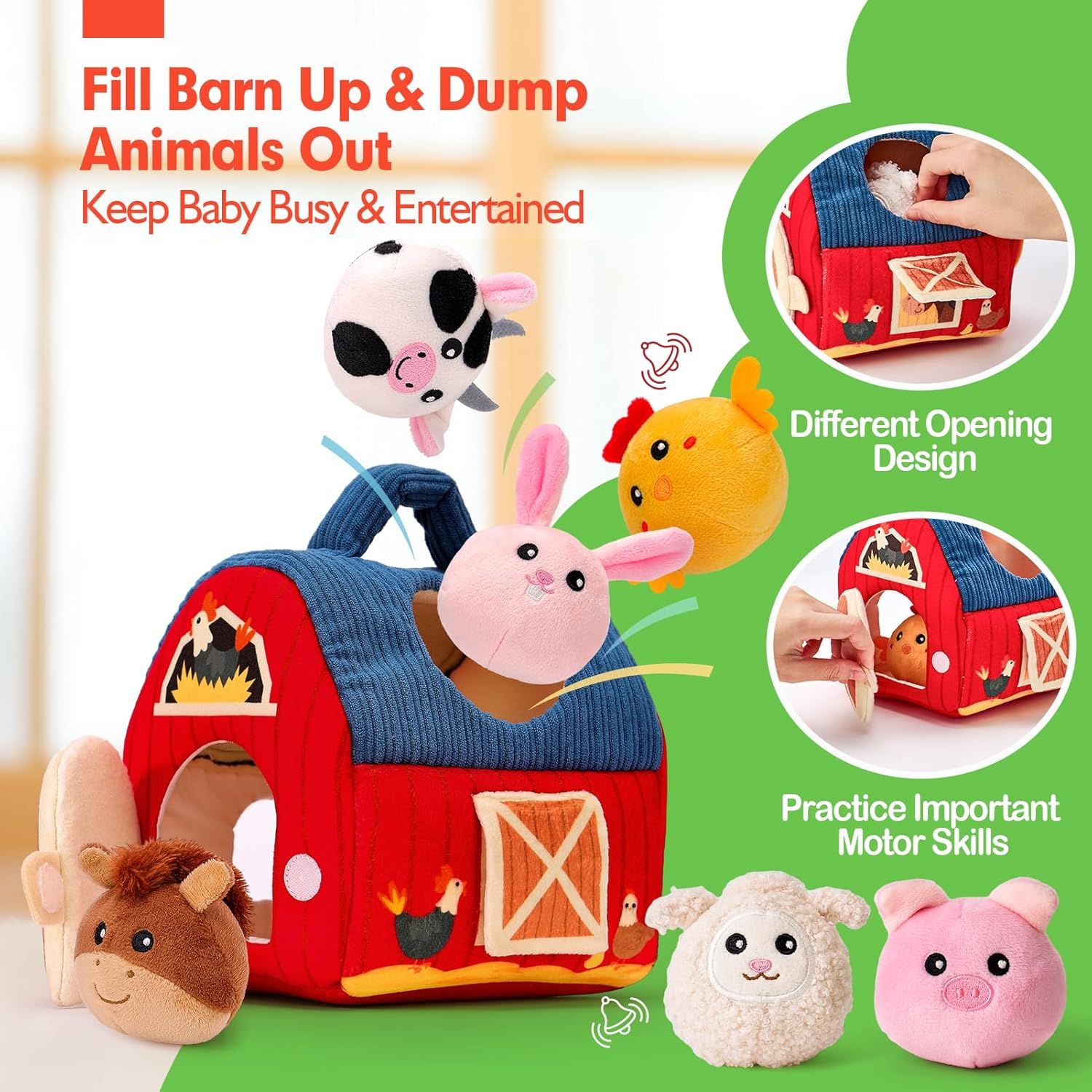 Showcases multiple distinct benefits of the toy barn in a segmented layout: the fill-and-dump play pattern, the various opening designs for interaction, and motor skill development through hands-on…