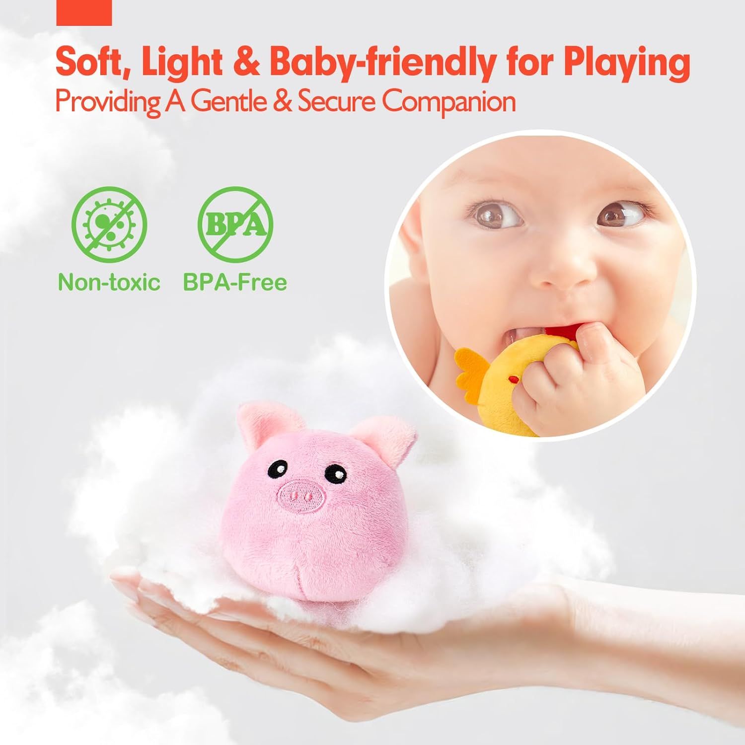 Reassures parents that the product is safe for babies by highlighting non-toxic and BPA-free certifications, emphasizing gentle and secure materials for play. Communicates the product's…