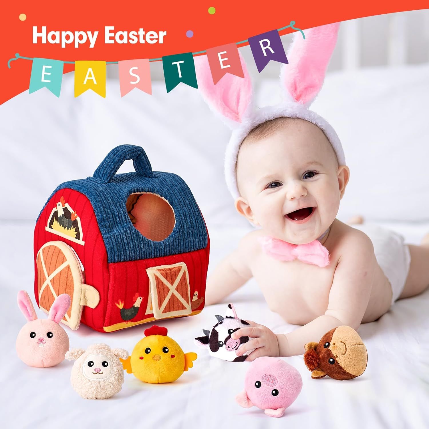 Positions the product as a perfect Easter gift for babies and toddlers, using festive Easter decorations and a baby in bunny ears to create seasonal appeal.
