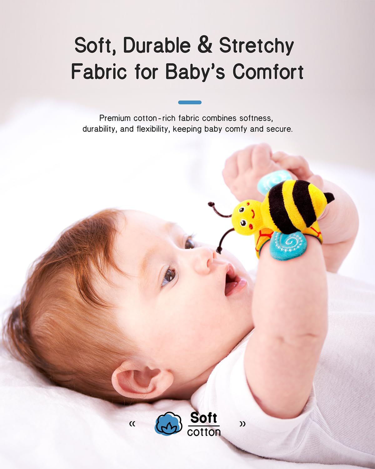 Communicates the fabric quality and comfort benefits of the product, reassuring parents that the material is soft, durable, and stretchy to keep baby…