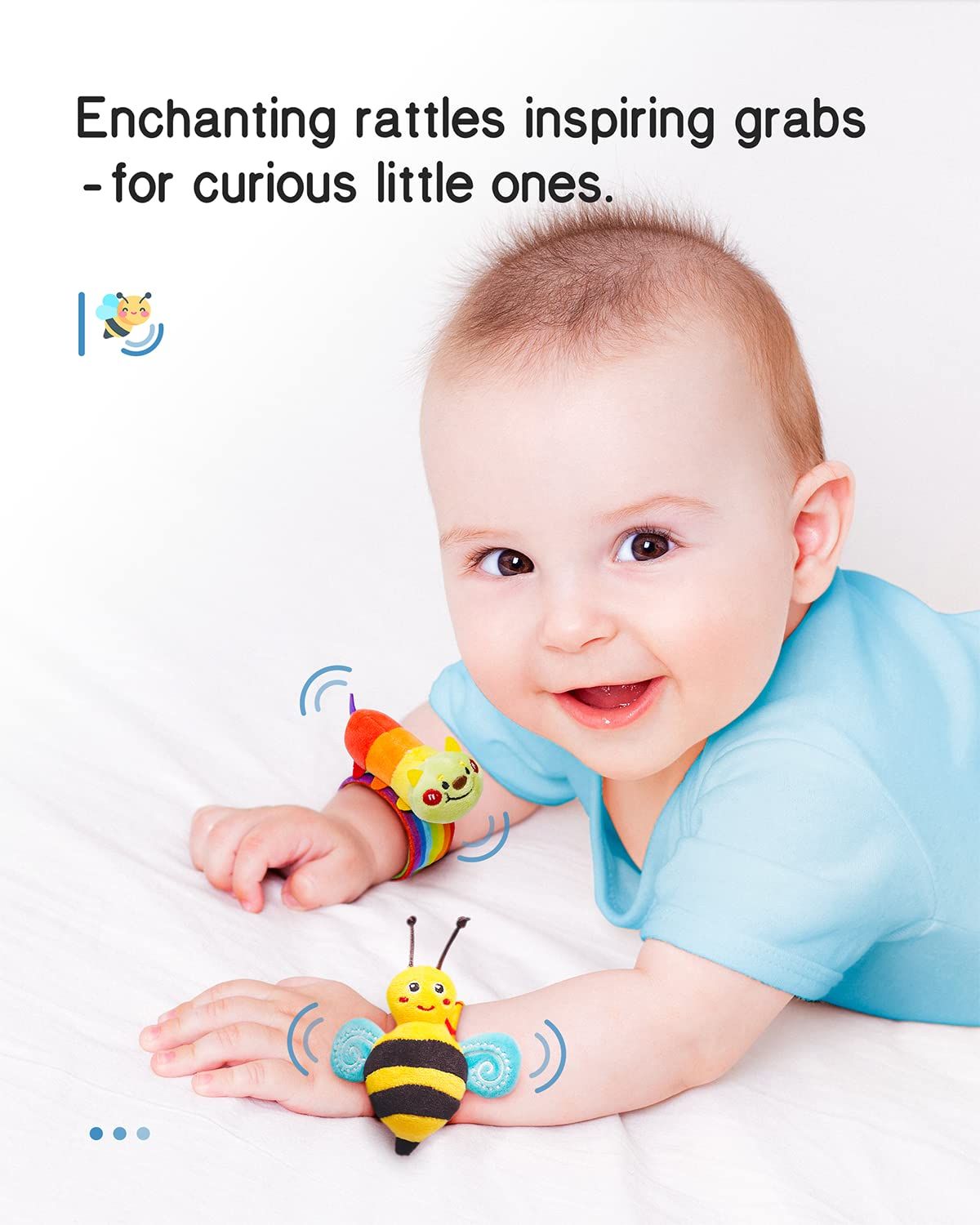 Highlights the product's ability to engage babies through enchanting rattles that inspire curiosity and encourage grasping, promoting sensory and motor skill…
