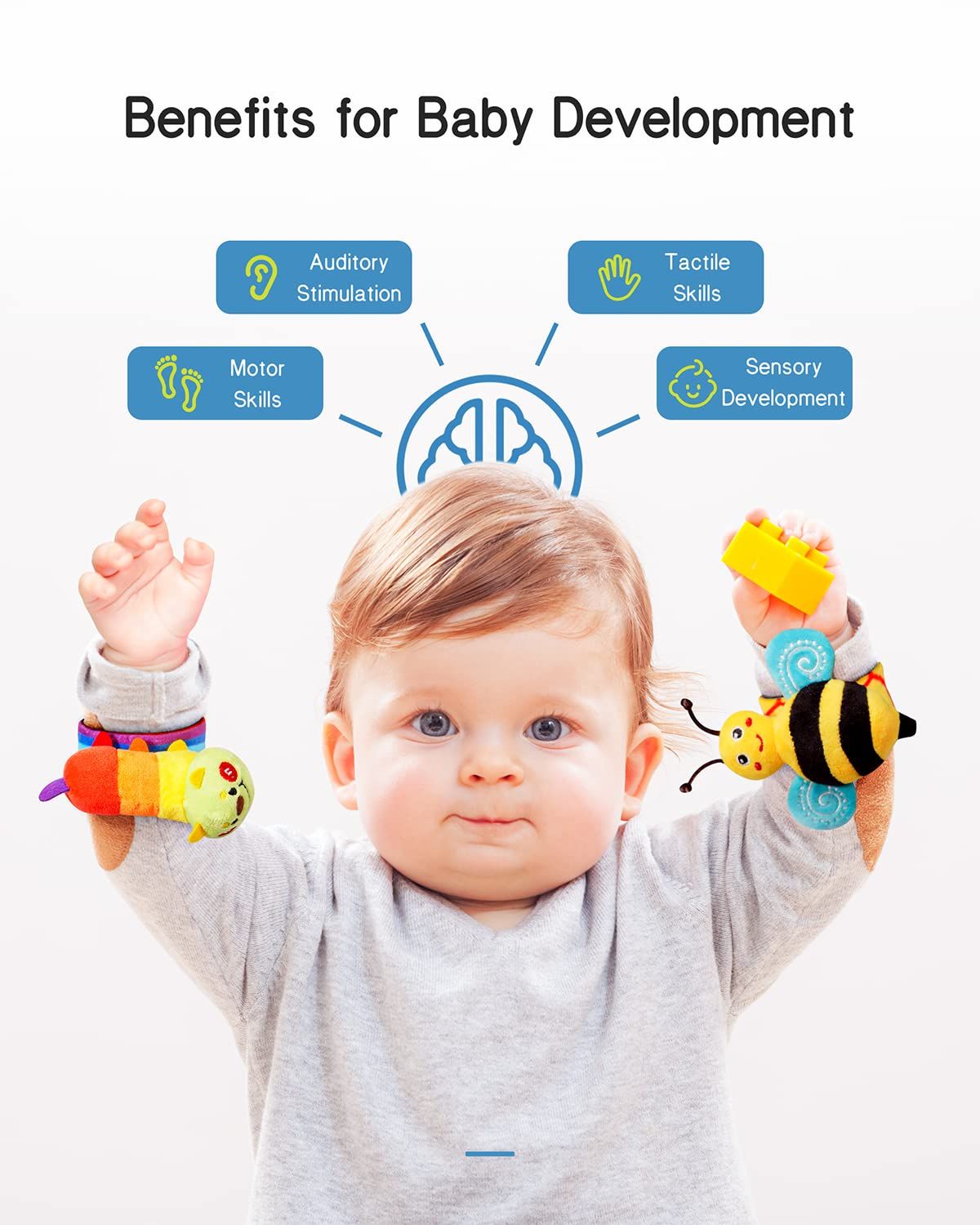 Communicates the multiple developmental benefits the product provides for babies, including auditory, tactile, motor, and sensory skills to reassure parents…