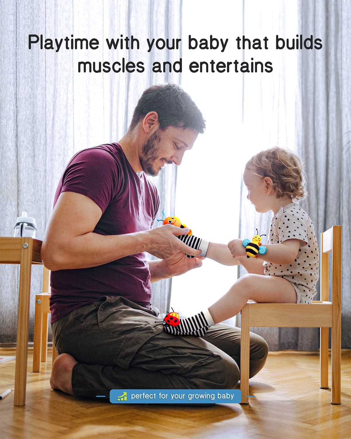 Communicates that the product provides engaging playtime that supports baby's physical development and entertainment, reassuring parents of its developmental…
