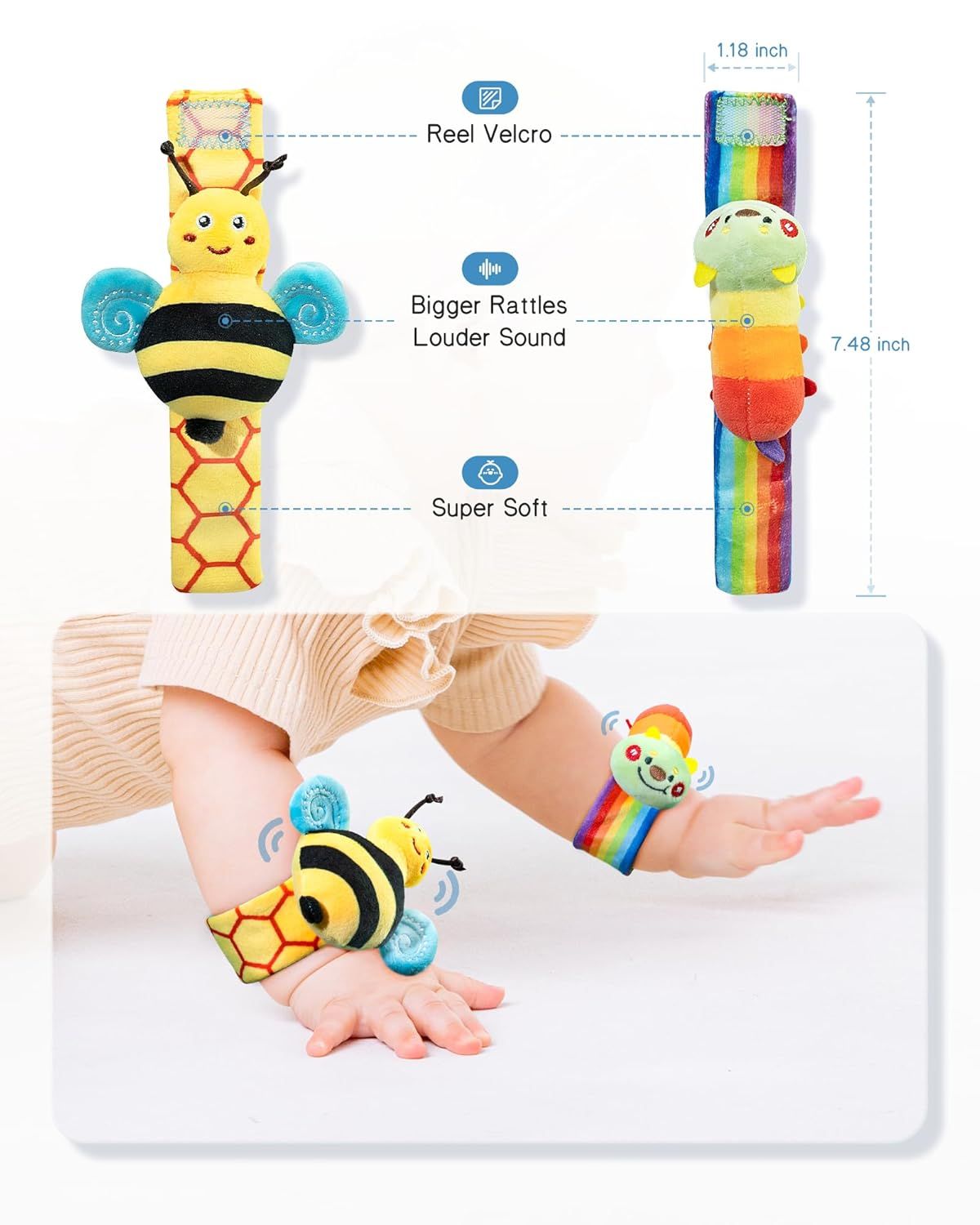 Breaks down the physical features and components of the baby wrist rattles, highlighting the velcro attachment, rattle sound mechanism, and soft material to help parents understand the product's…