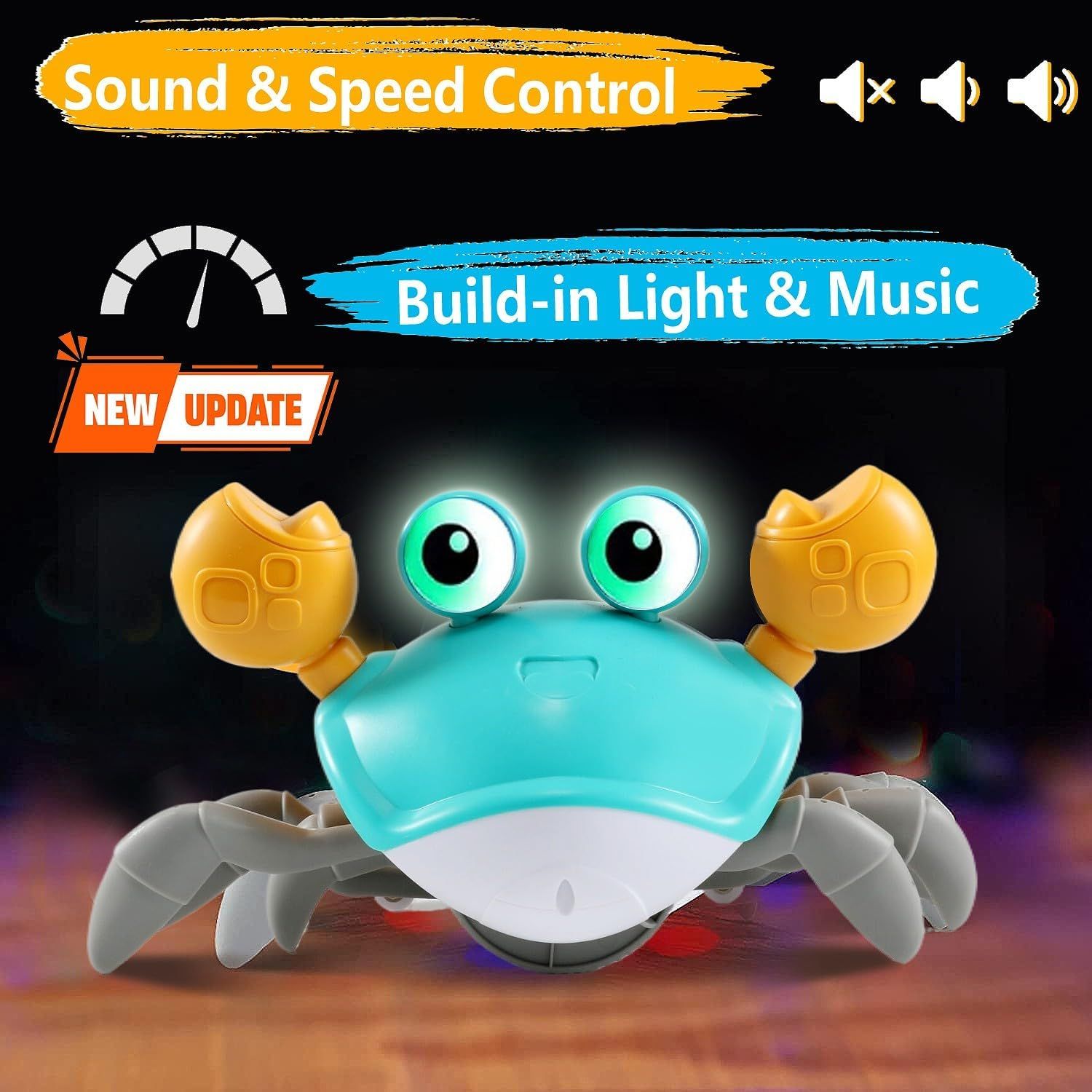 Highlights multiple distinct features of the toy crab—sound and speed control options plus built-in lights and music—to communicate versatility and…
