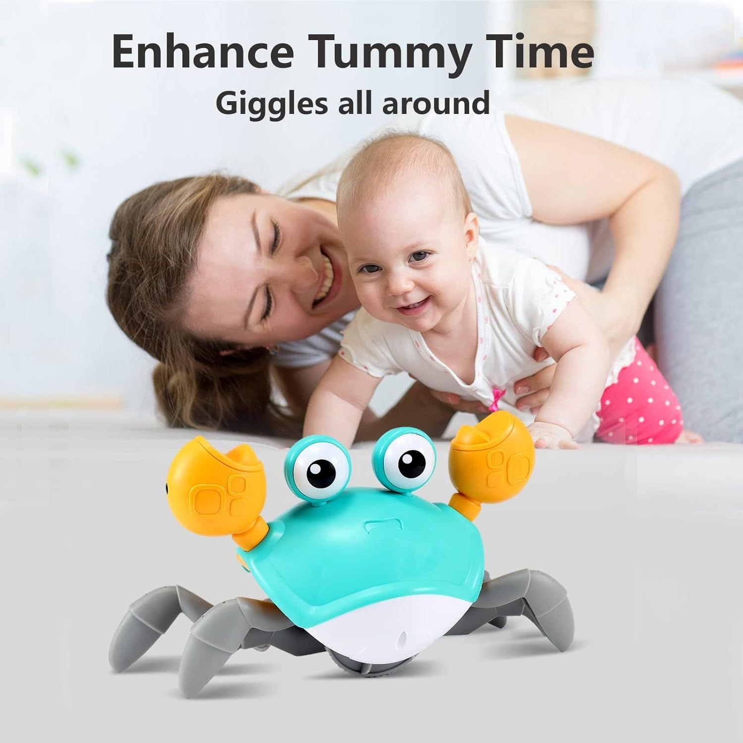 Communicates that the toy enhances tummy time by encouraging giggles and engagement, reassuring parents that it makes developmental play fun and interactive…