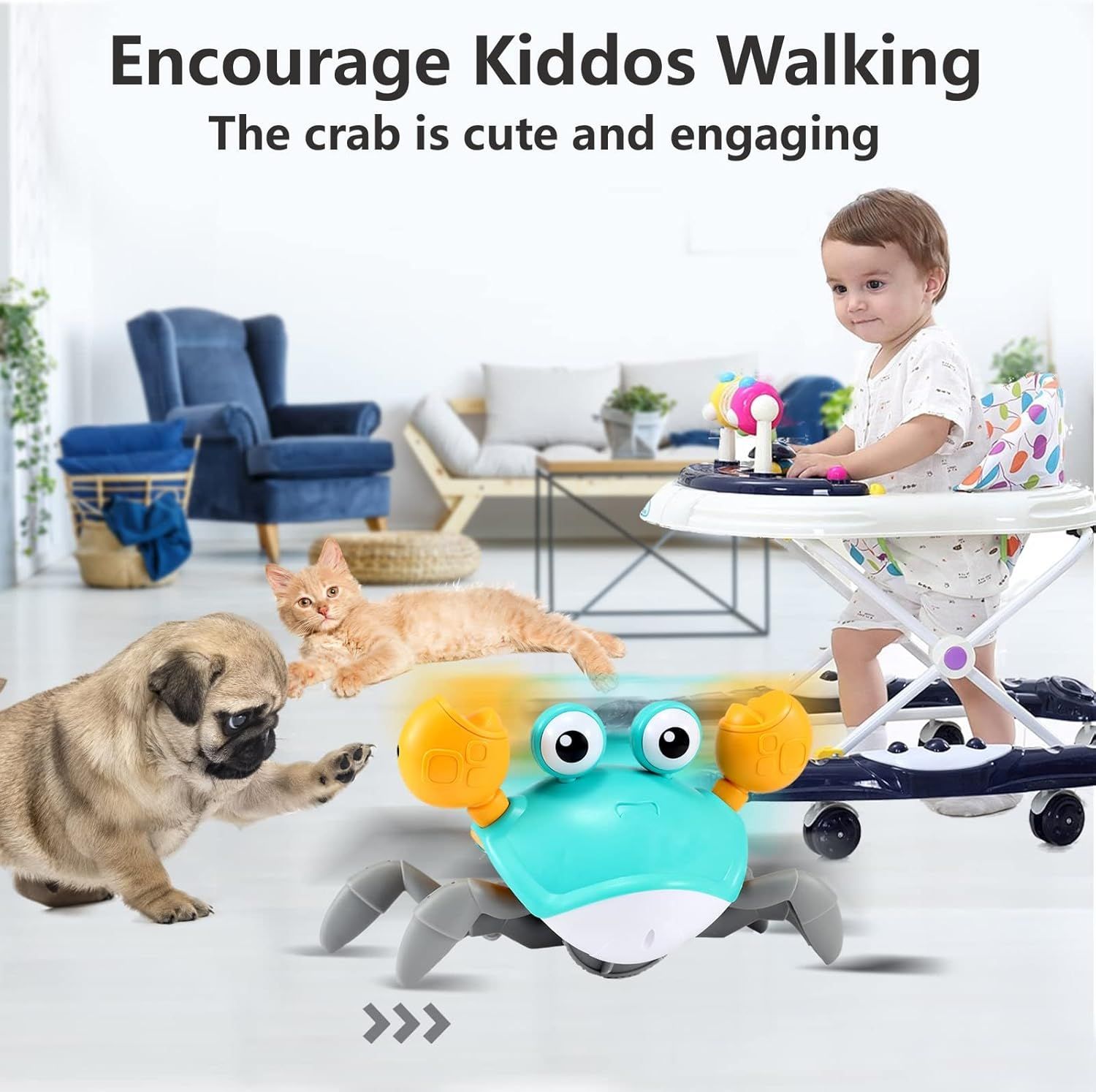 Demonstrates that the toy crab is designed to encourage toddlers to walk by being cute and engaging, creating a fun and motivating play experience for early…