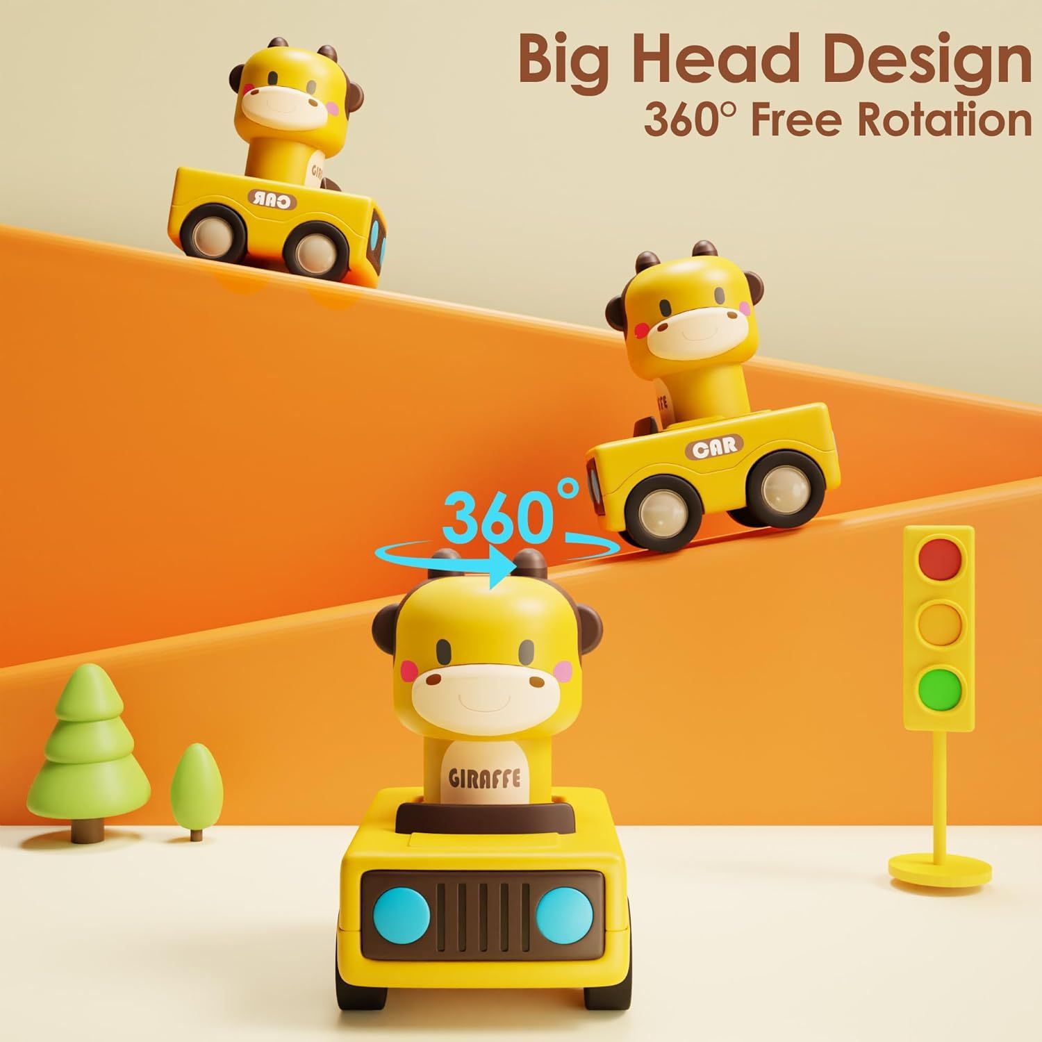 Highlights the toy's unique 360-degree rotating head feature, reassuring parents that the toy offers interactive play and engaging movement for children.