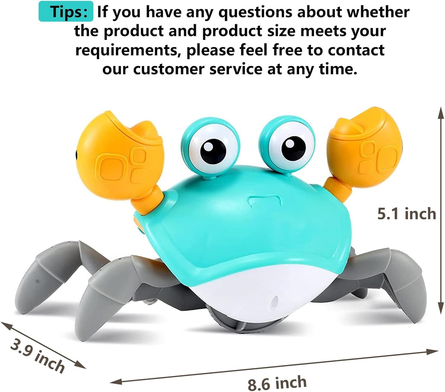Communicates the exact physical dimensions of the toy crab (8.6 x 3.9 x 5.1 inches) to help shoppers understand the product size and ensure it meets their…