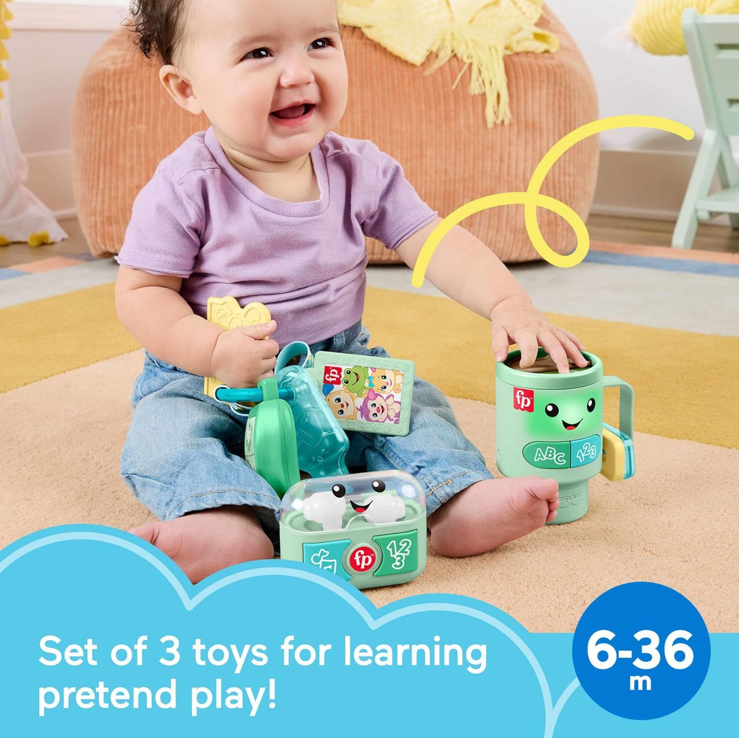 Communicates that the product includes a set of three toys designed for learning and pretend play, suitable for ages 6-36 months, reassuring parents about the value and developmental benefits of the…