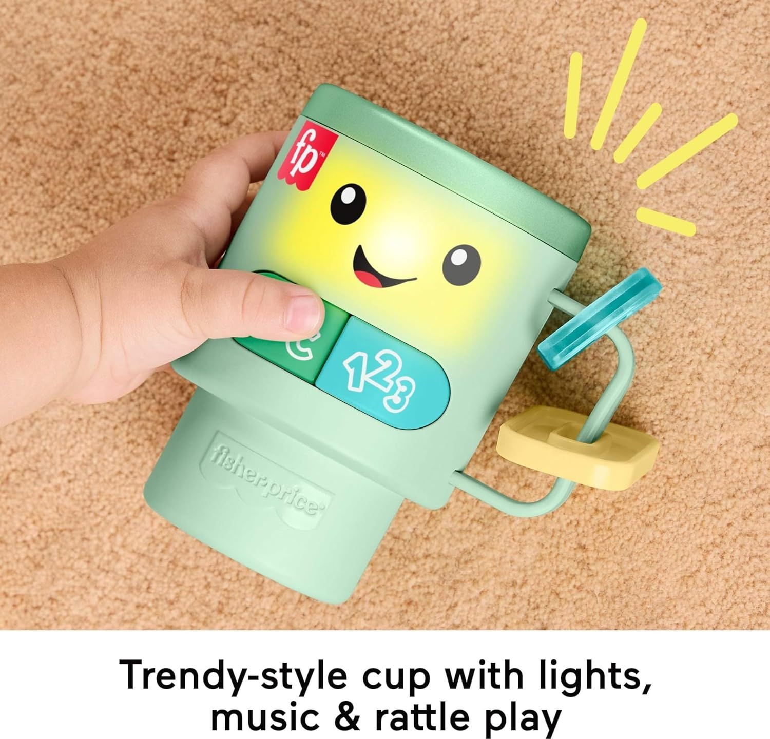 Communicates that this trendy-style cup toy offers engaging sensory play through lights, music, and rattle functionality to entertain and stimulate young…