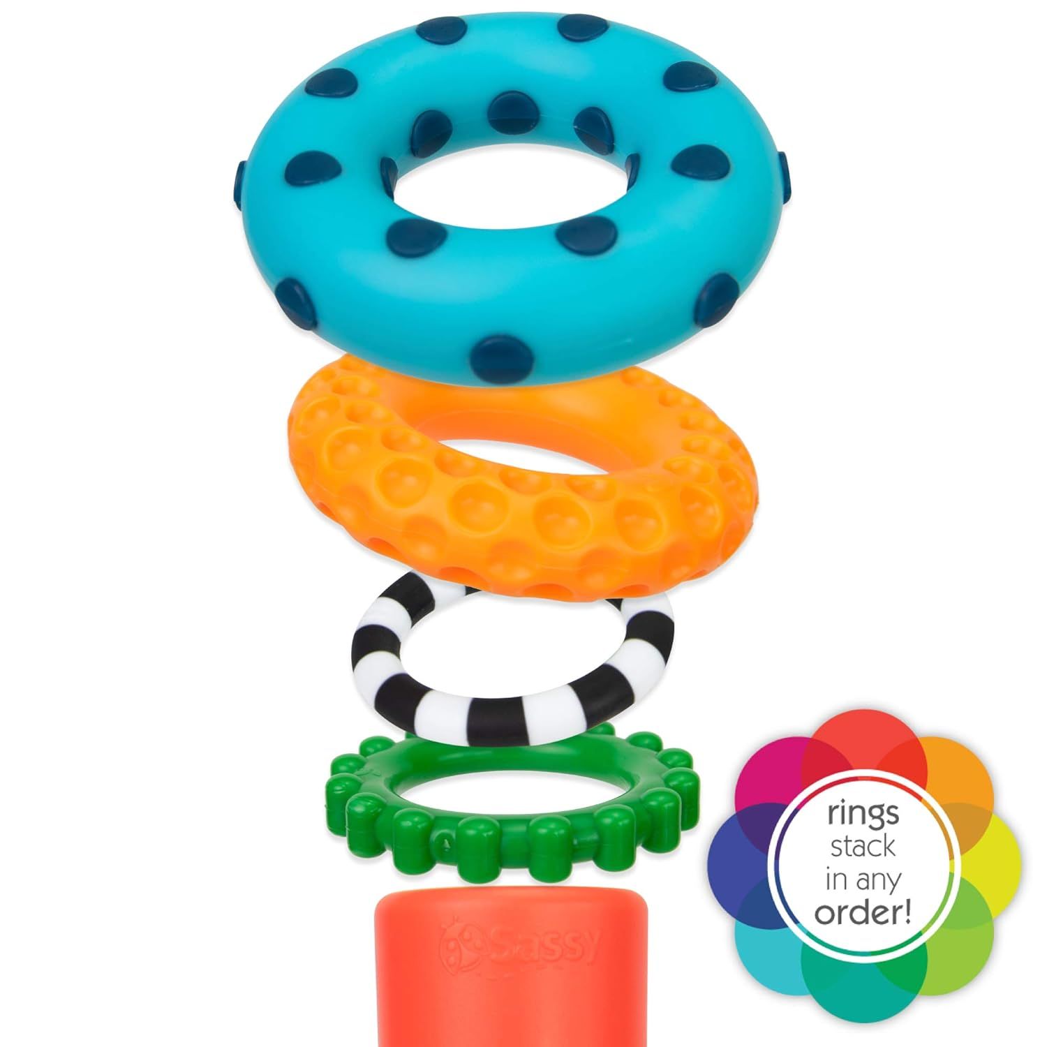 Shows all the colorful rings included in the product set, demonstrating the variety and quantity the customer receives. Highlights the key benefit that the rings can be stacked in any order,…