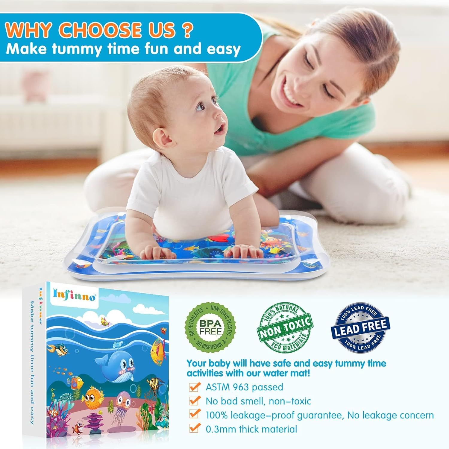 Communicates multiple safety certifications and product benefits to reassure parents that the water mat is safe, non-toxic, and high-quality for their baby's tummy time activities.