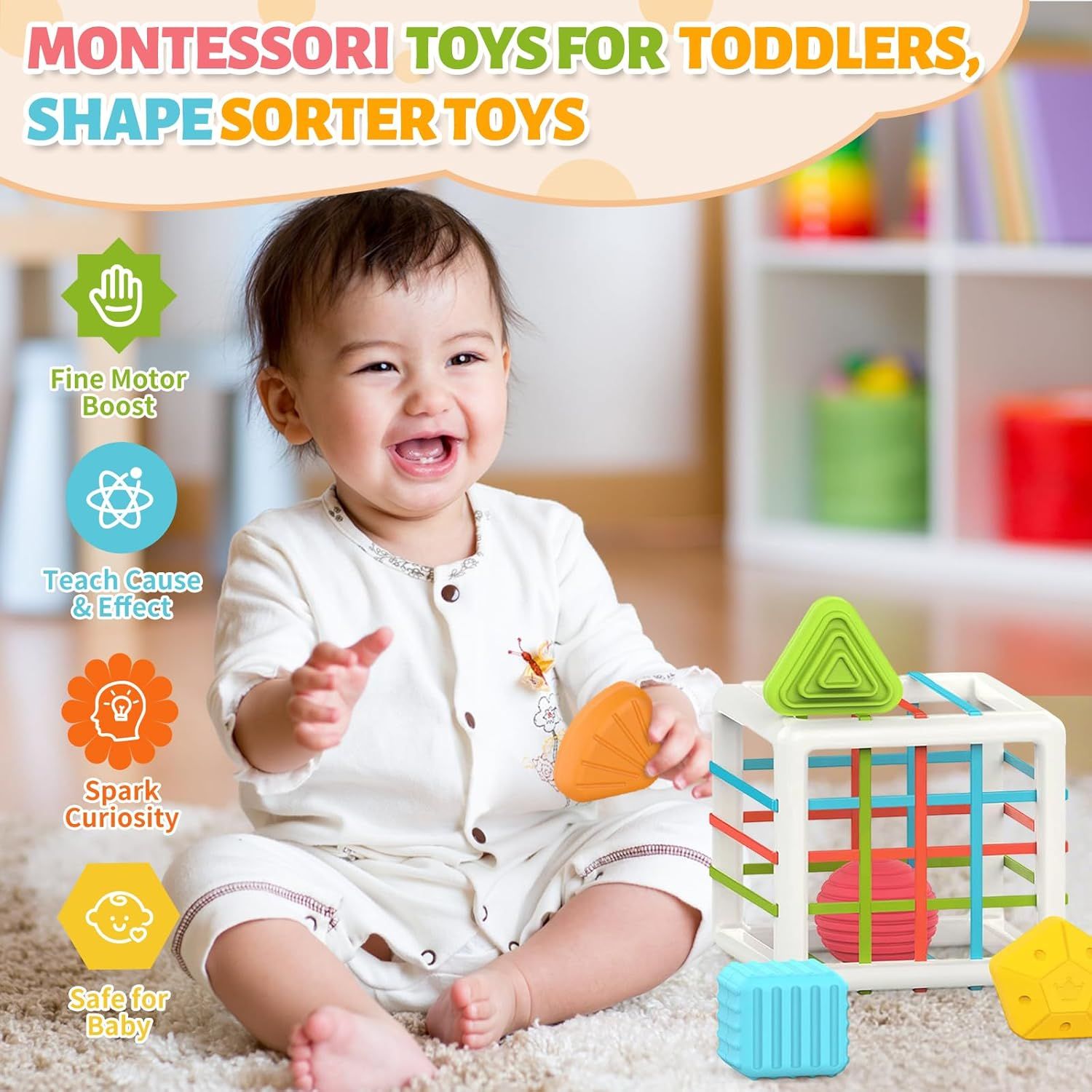 Communicates multiple developmental and safety benefits of the Montessori shape sorter toy to reassure parents that it supports their toddler's learning and…