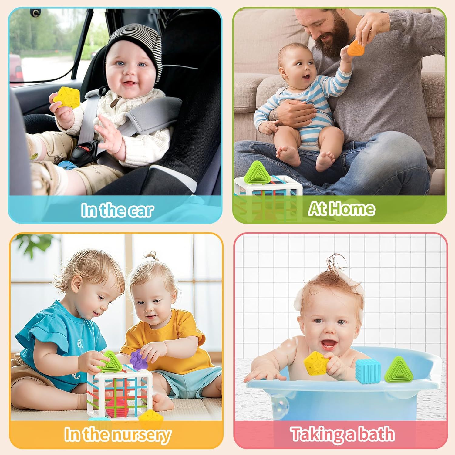 Demonstrates the product's versatility by showing it can be used in multiple real-world environments—in the car, at home, in the nursery, and during bath time—reassuring parents that it's suitable…