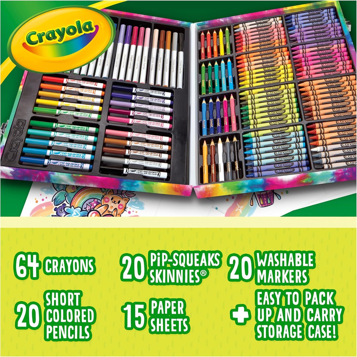 Shows the complete contents of the Crayola art kit, including 64 crayons, 20 markers, 20 colored pencils, 20 Pip-Squeaks Skinnies, 15 paper sheets, and the storage case, to communicate the…