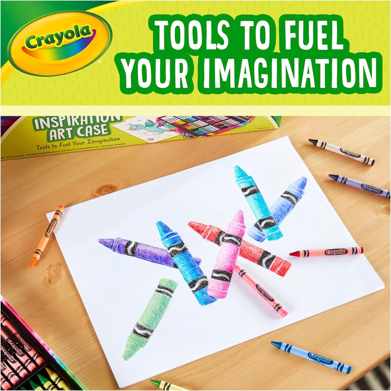Communicates Crayola's brand identity and emotional positioning as a tool for creativity and imagination, reinforcing brand values and heritage. Shows the product in use within a real-world creative…