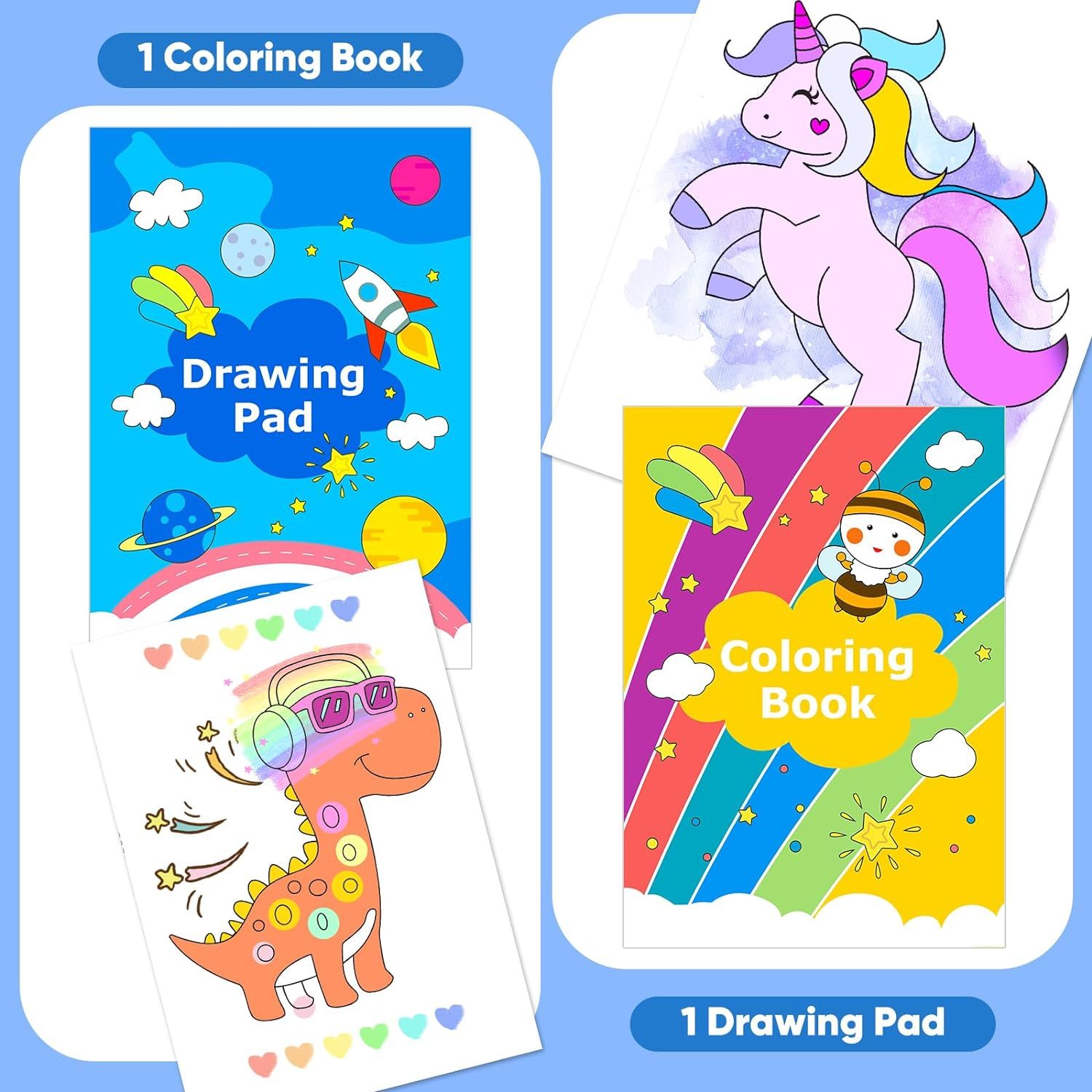 Shows the customer exactly what they will receive in the package: 1 coloring book, 1 drawing pad, and a unicorn illustration example, helping them understand the complete bundle contents.