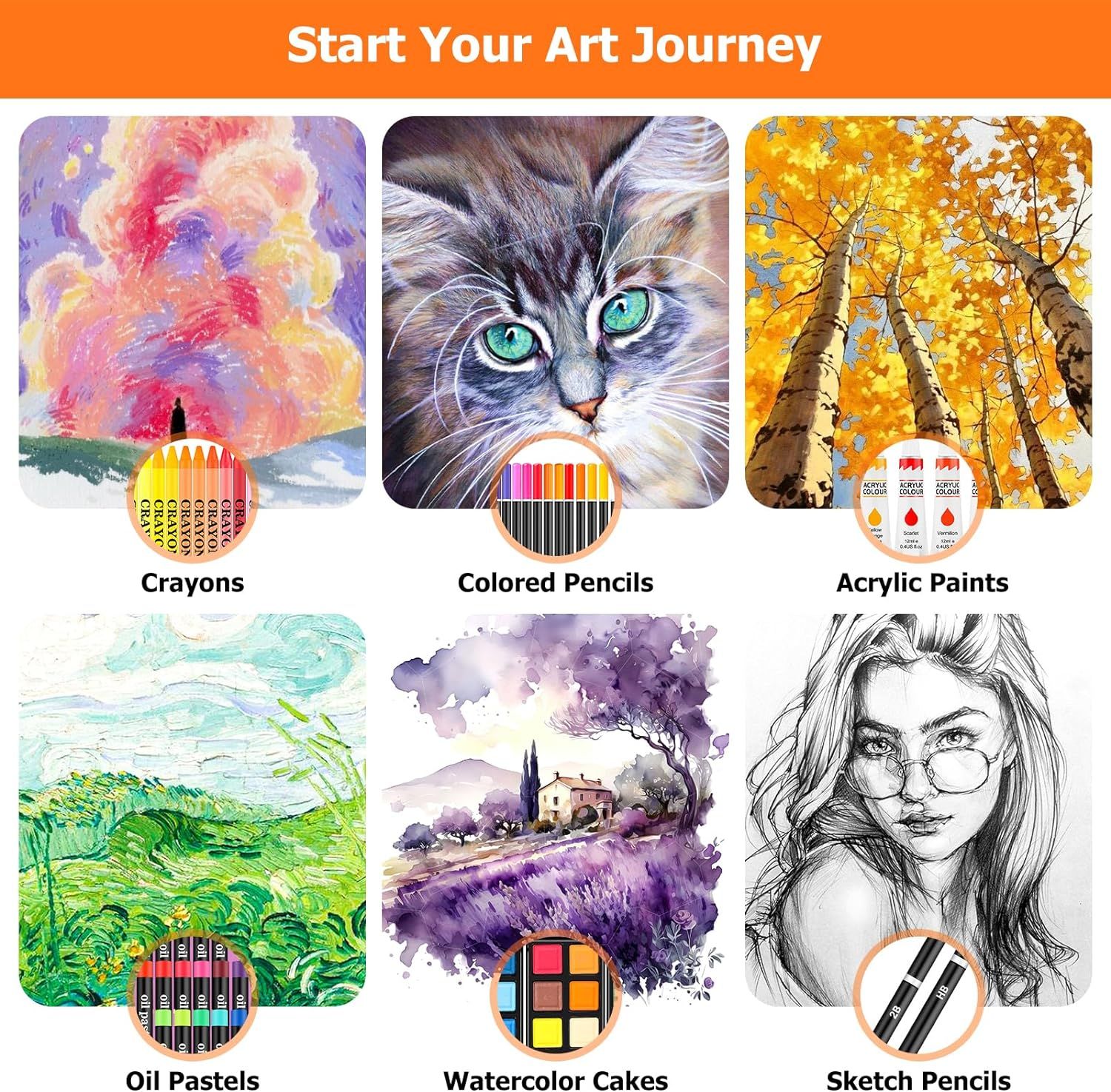 Showcases the brand's full product portfolio of art supplies across different mediums (crayons, colored pencils, acrylic paints, oil pastels, watercolor cakes, and sketch pencils) to help shoppers…