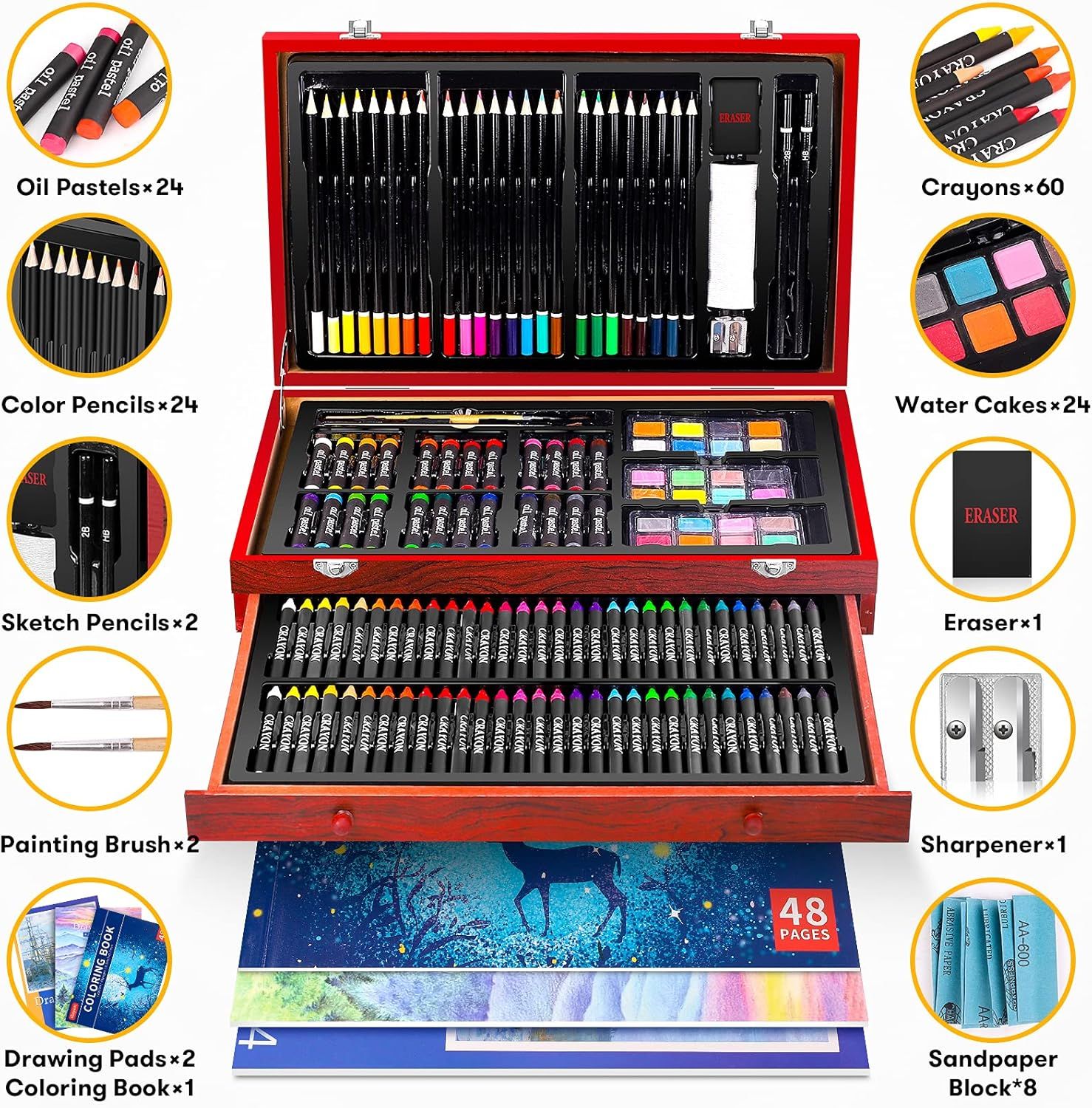 Shows the comprehensive contents of the art set to demonstrate the value and variety of supplies included in the purchase.